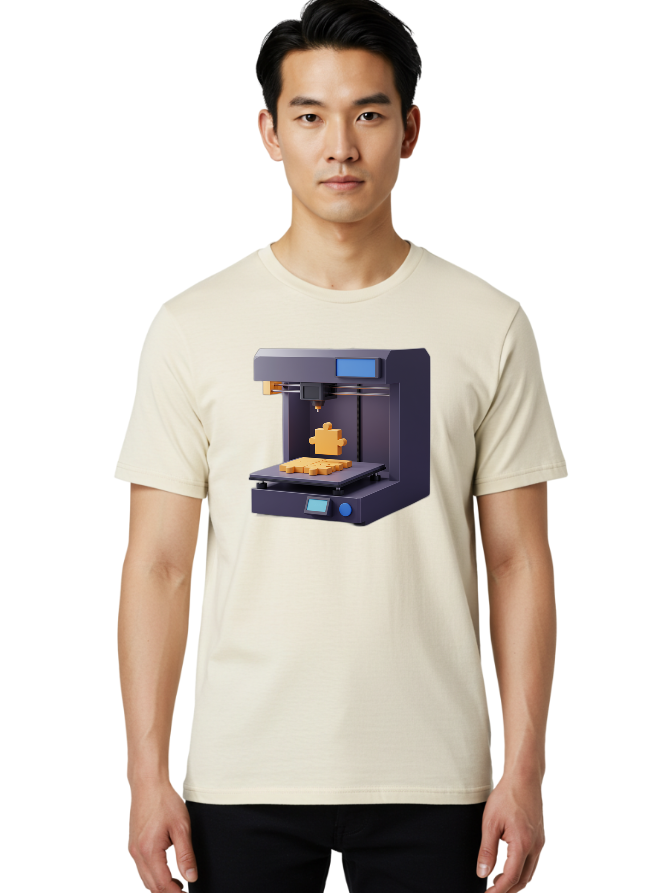 3D-Printer-30 Men'S Graphic Tee, 100% Cotton, Comfortable Casual Summer Wear, Machine Washable, 3D Printing Technology, Additive Manufacturing, Puzzle Piece Being Printed, Modern Machinery, Digital Fabrication, 3D Modeling, Yellow Plastic, Baa025