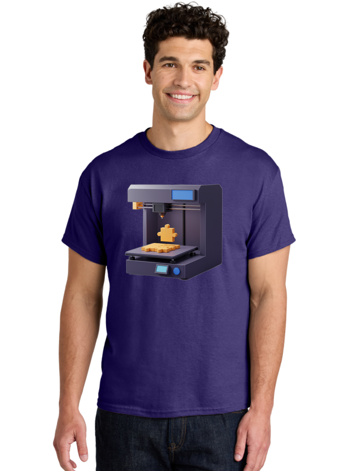 3D-Printer-30 Men'S Graphic Tee, 100% Cotton, Comfortable Casual Summer Wear, Machine Washable, 3D Printing Technology, Additive Manufacturing, Puzzle Piece Being Printed, Modern Machinery, Digital Fabrication, 3D Modeling, Yellow Plastic, Baa025