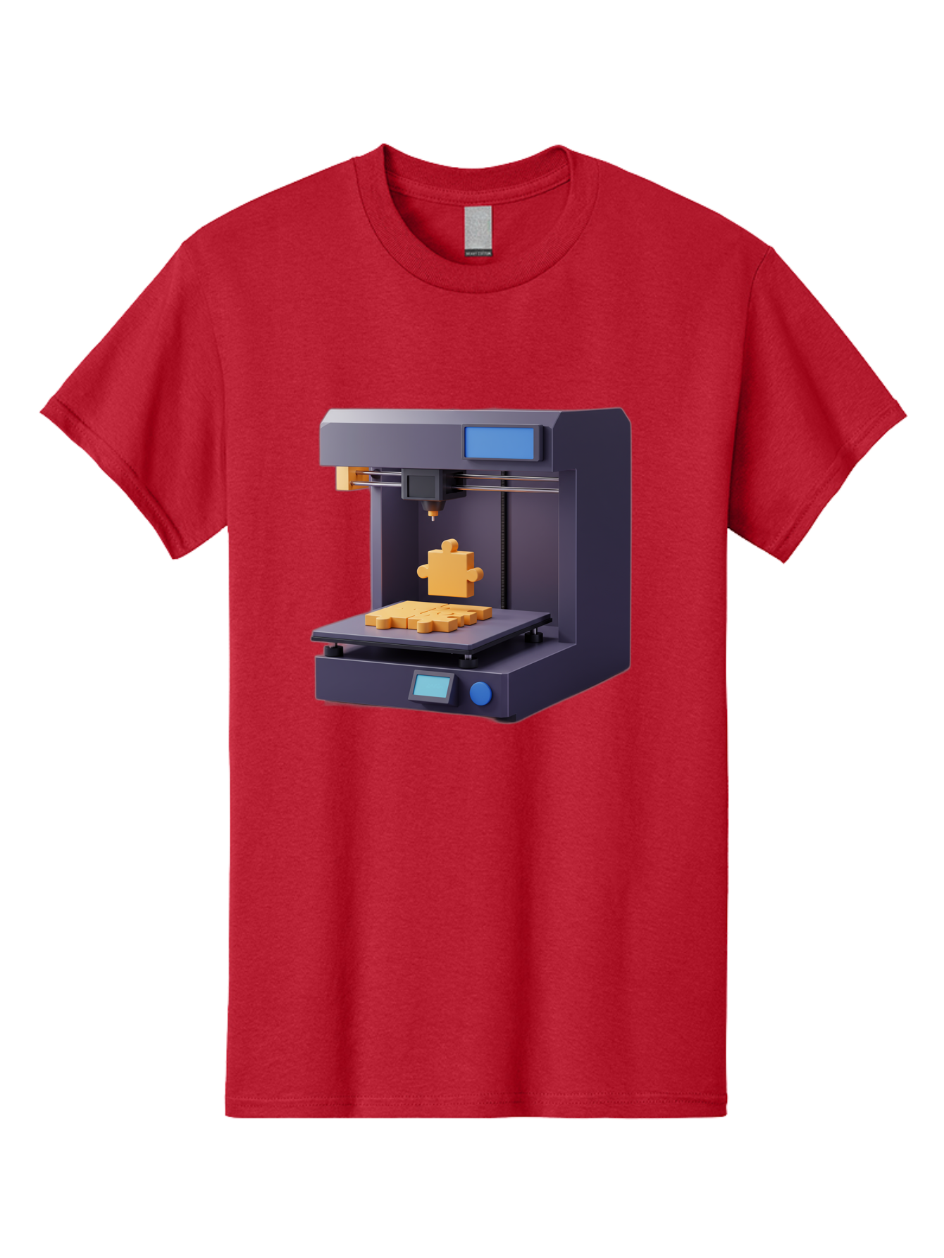 3D-Printer-30 Men'S Graphic Tee, 100% Cotton, Comfortable Casual Summer Wear, Machine Washable, 3D Printing Technology, Additive Manufacturing, Puzzle Piece Being Printed, Modern Machinery, Digital Fabrication, 3D Modeling, Yellow Plastic, Baa025