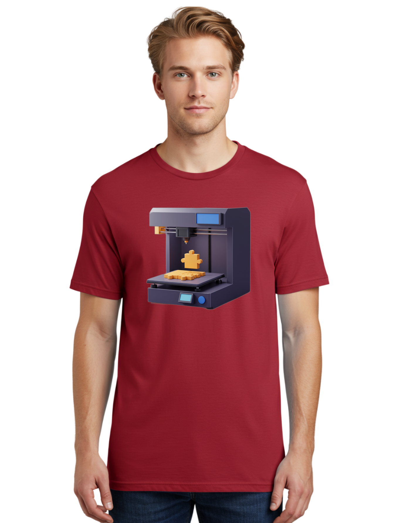 3D-Printer-30 Men'S Graphic Tee, 100% Cotton, Comfortable Casual Summer Wear, Machine Washable, 3D Printing Technology, Additive Manufacturing, Puzzle Piece Being Printed, Modern Machinery, Digital Fabrication, 3D Modeling, Yellow Plastic, Baa025