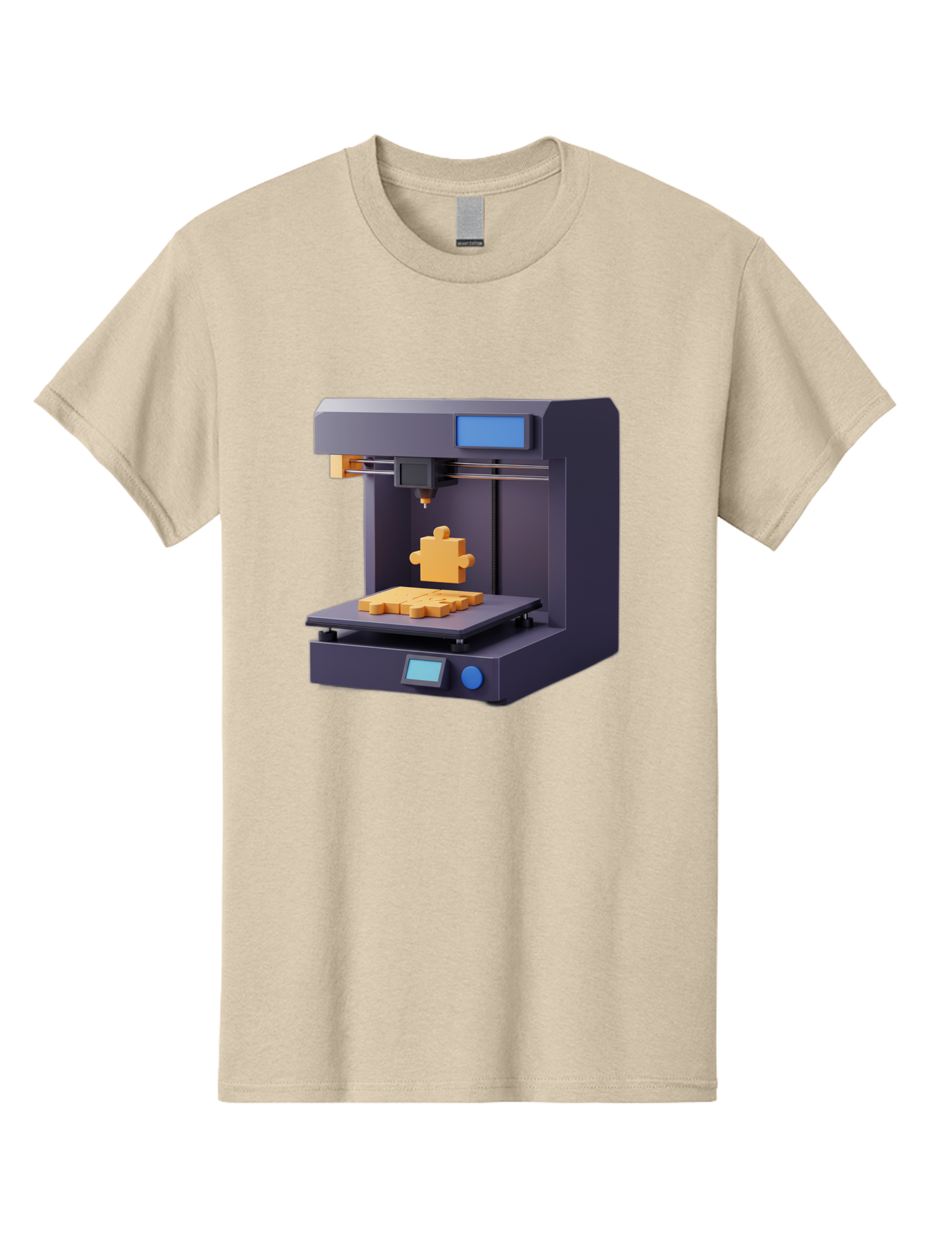3D-Printer-30 Men'S Graphic Tee, 100% Cotton, Comfortable Casual Summer Wear, Machine Washable, 3D Printing Technology, Additive Manufacturing, Puzzle Piece Being Printed, Modern Machinery, Digital Fabrication, 3D Modeling, Yellow Plastic, Baa025