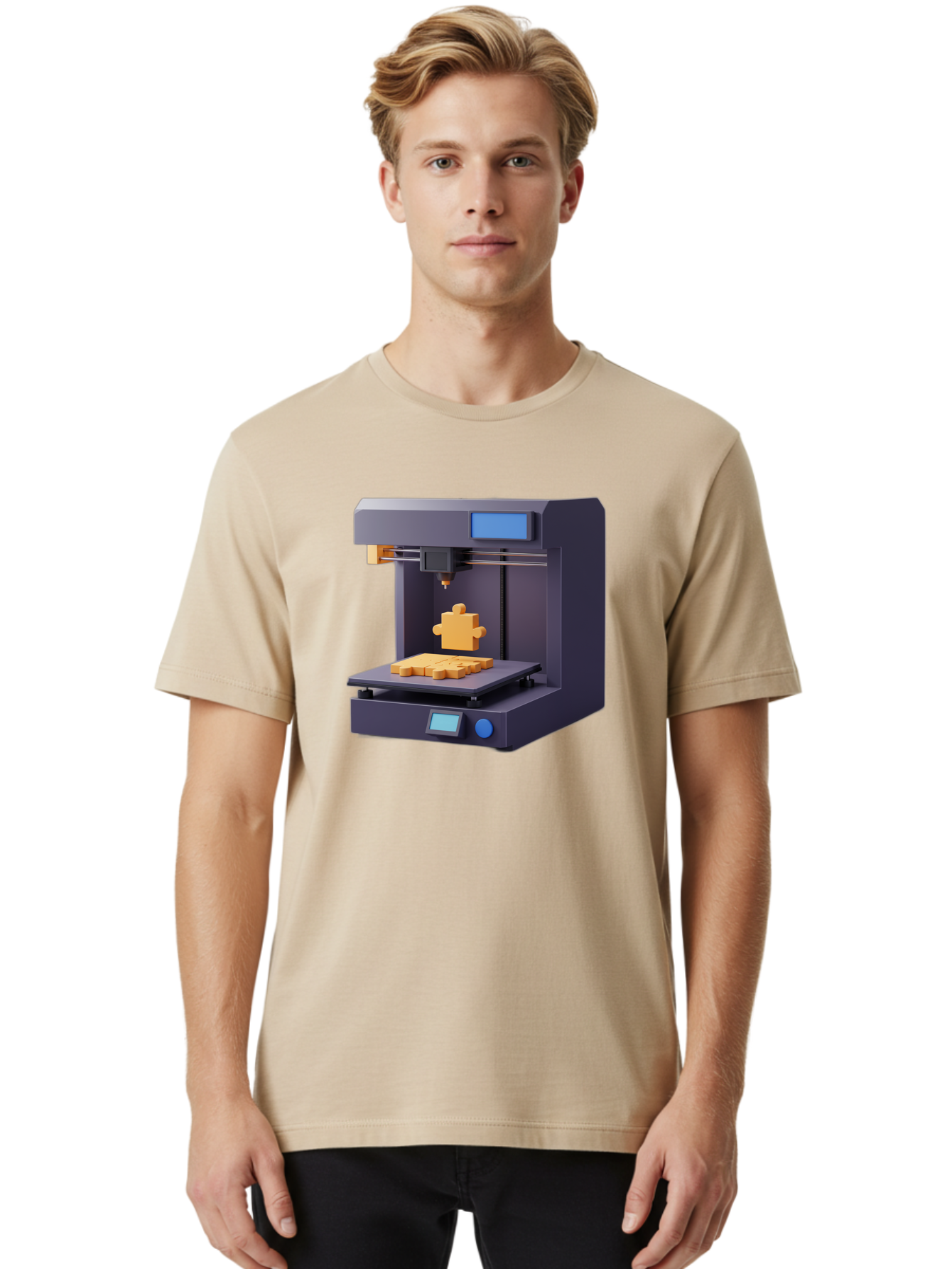 3D-Printer-30 Men'S Graphic Tee, 100% Cotton, Comfortable Casual Summer Wear, Machine Washable, 3D Printing Technology, Additive Manufacturing, Puzzle Piece Being Printed, Modern Machinery, Digital Fabrication, 3D Modeling, Yellow Plastic, Baa025