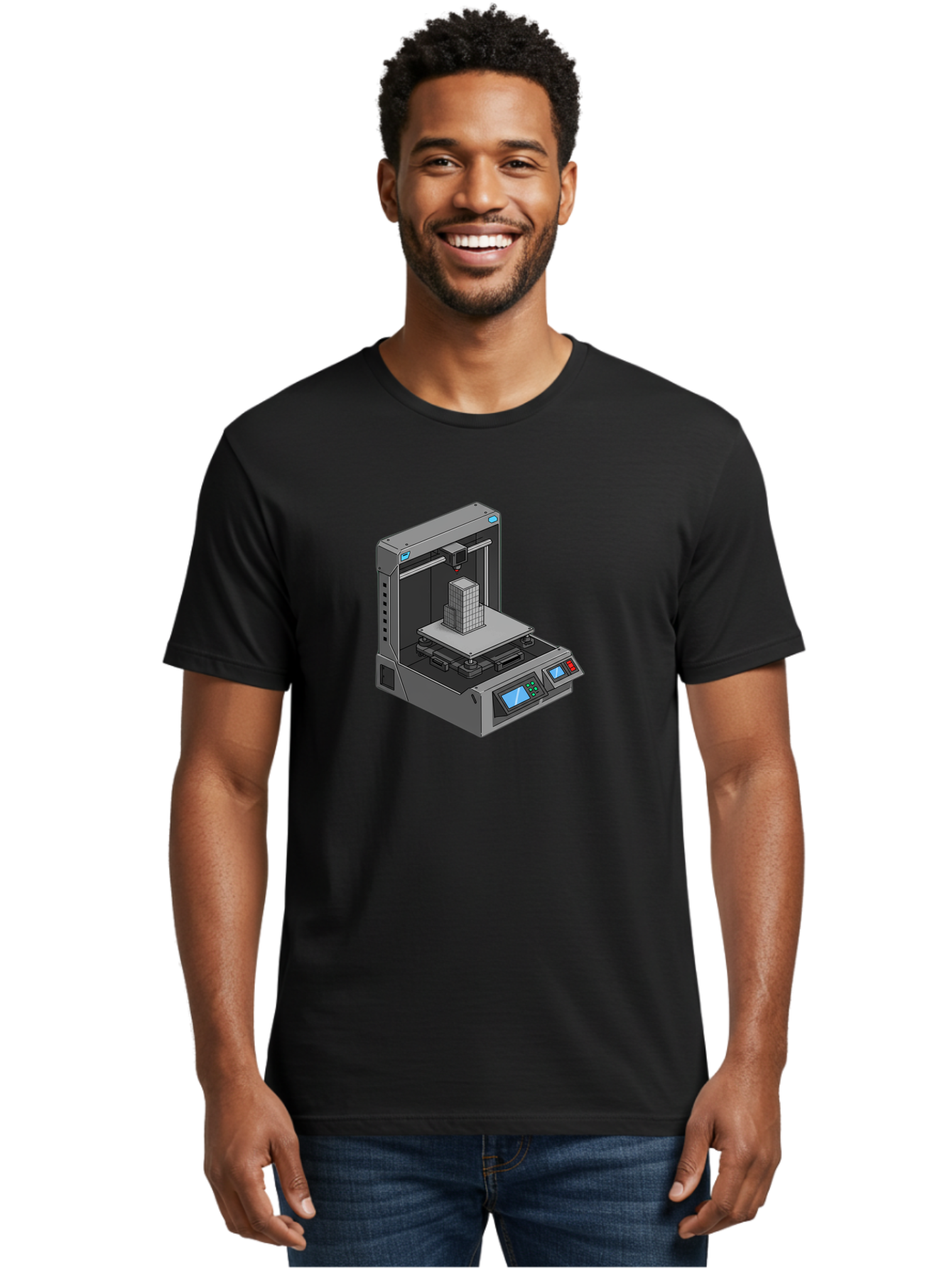 3D-Printer-36 Men'S Graphic Tee, 100% Cotton, Comfortable Casual Summer Wear, Machine Washable, 3D Printing Technology, Additive Manufacturing, Gray 3D Printer, Control Panel, Digital Display, Printing Process, Cube-Shaped Object, Baa031