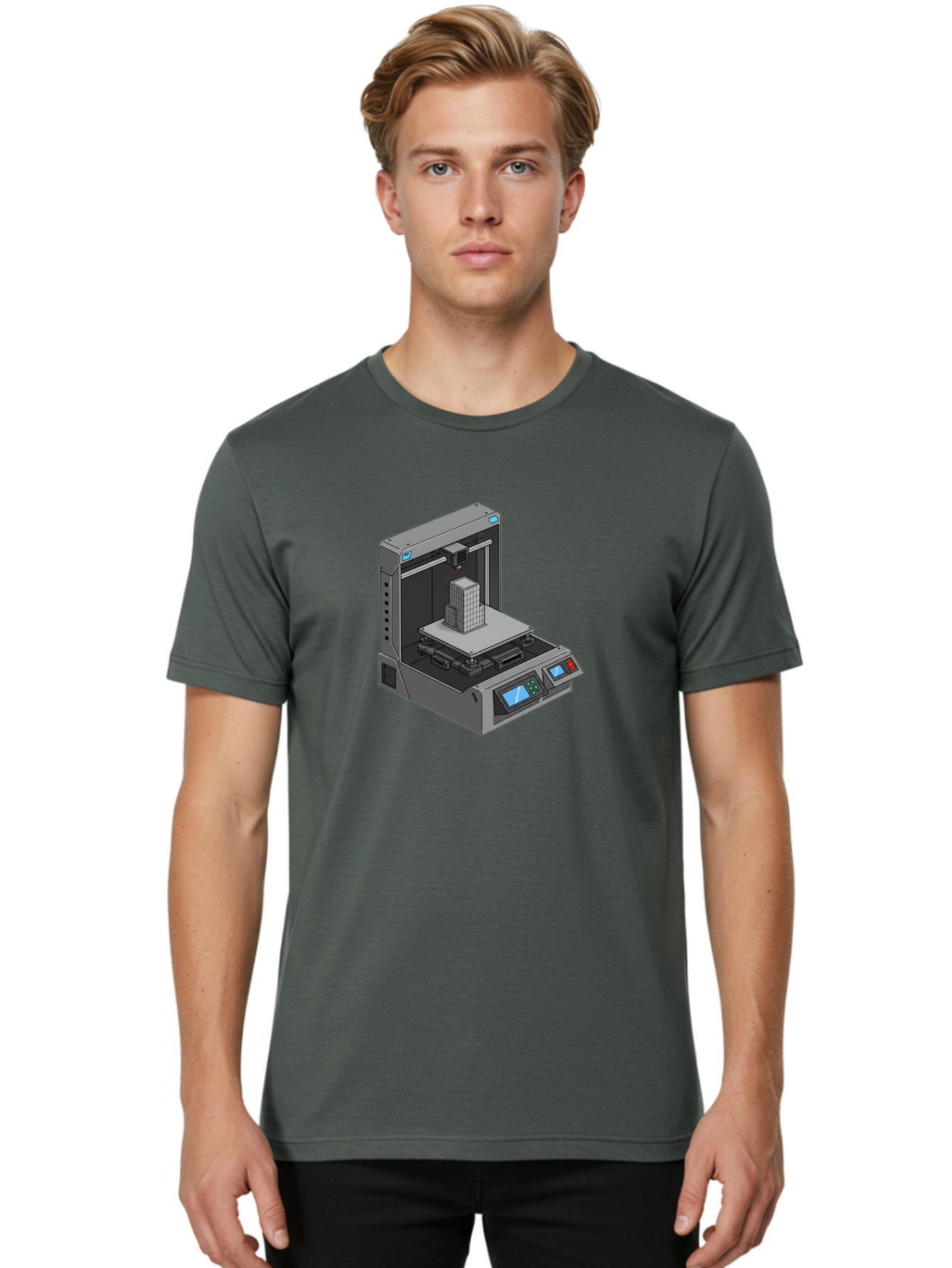 3D-Printer-36 Men'S Graphic Tee, 100% Cotton, Comfortable Casual Summer Wear, Machine Washable, 3D Printing Technology, Additive Manufacturing, Gray 3D Printer, Control Panel, Digital Display, Printing Process, Cube-Shaped Object, Baa031