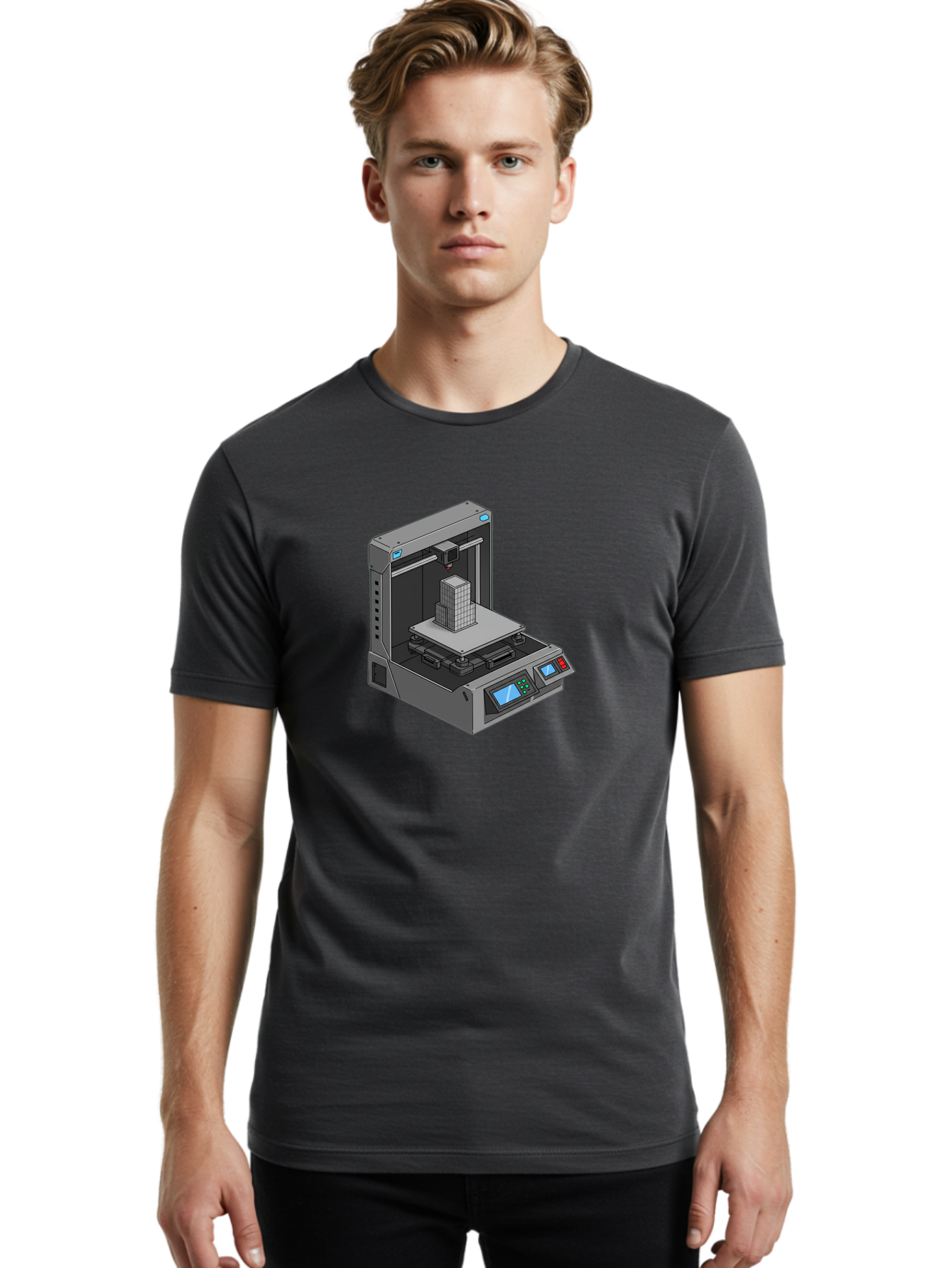 3D-Printer-36 Men'S Graphic Tee, 100% Cotton, Comfortable Casual Summer Wear, Machine Washable, 3D Printing Technology, Additive Manufacturing, Gray 3D Printer, Control Panel, Digital Display, Printing Process, Cube-Shaped Object, Baa031