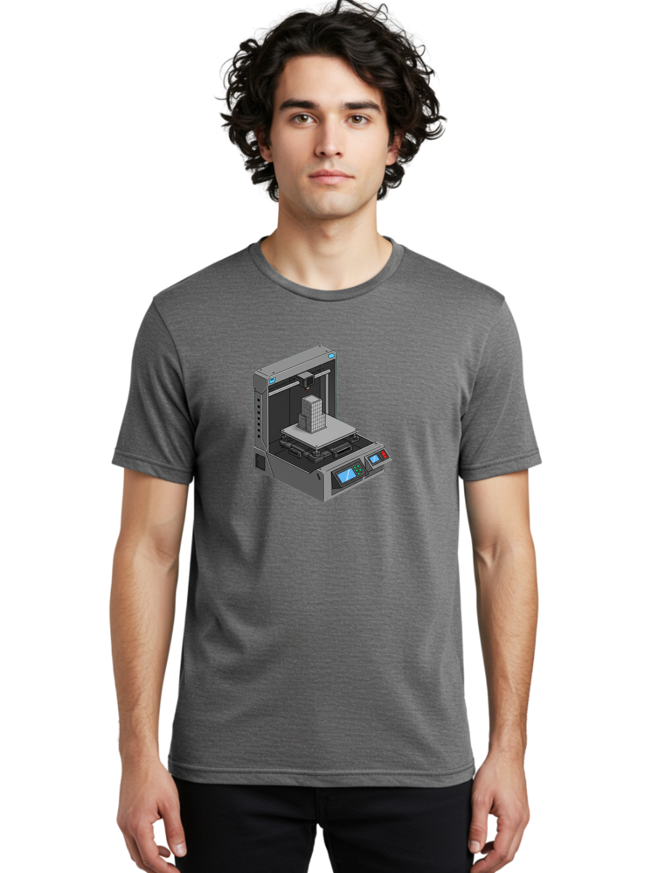 3D-Printer-36 Men'S Graphic Tee, 100% Cotton, Comfortable Casual Summer Wear, Machine Washable, 3D Printing Technology, Additive Manufacturing, Gray 3D Printer, Control Panel, Digital Display, Printing Process, Cube-Shaped Object, Baa031