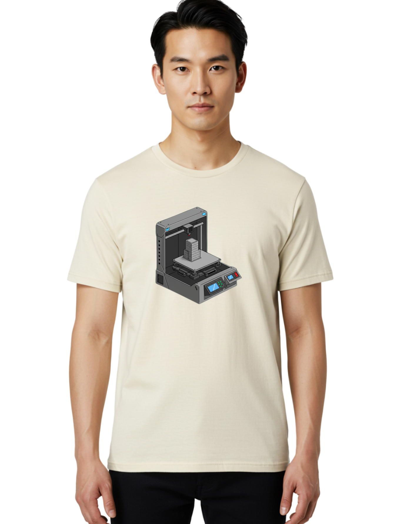 3D-Printer-36 Men'S Graphic Tee, 100% Cotton, Comfortable Casual Summer Wear, Machine Washable, 3D Printing Technology, Additive Manufacturing, Gray 3D Printer, Control Panel, Digital Display, Printing Process, Cube-Shaped Object, Baa031