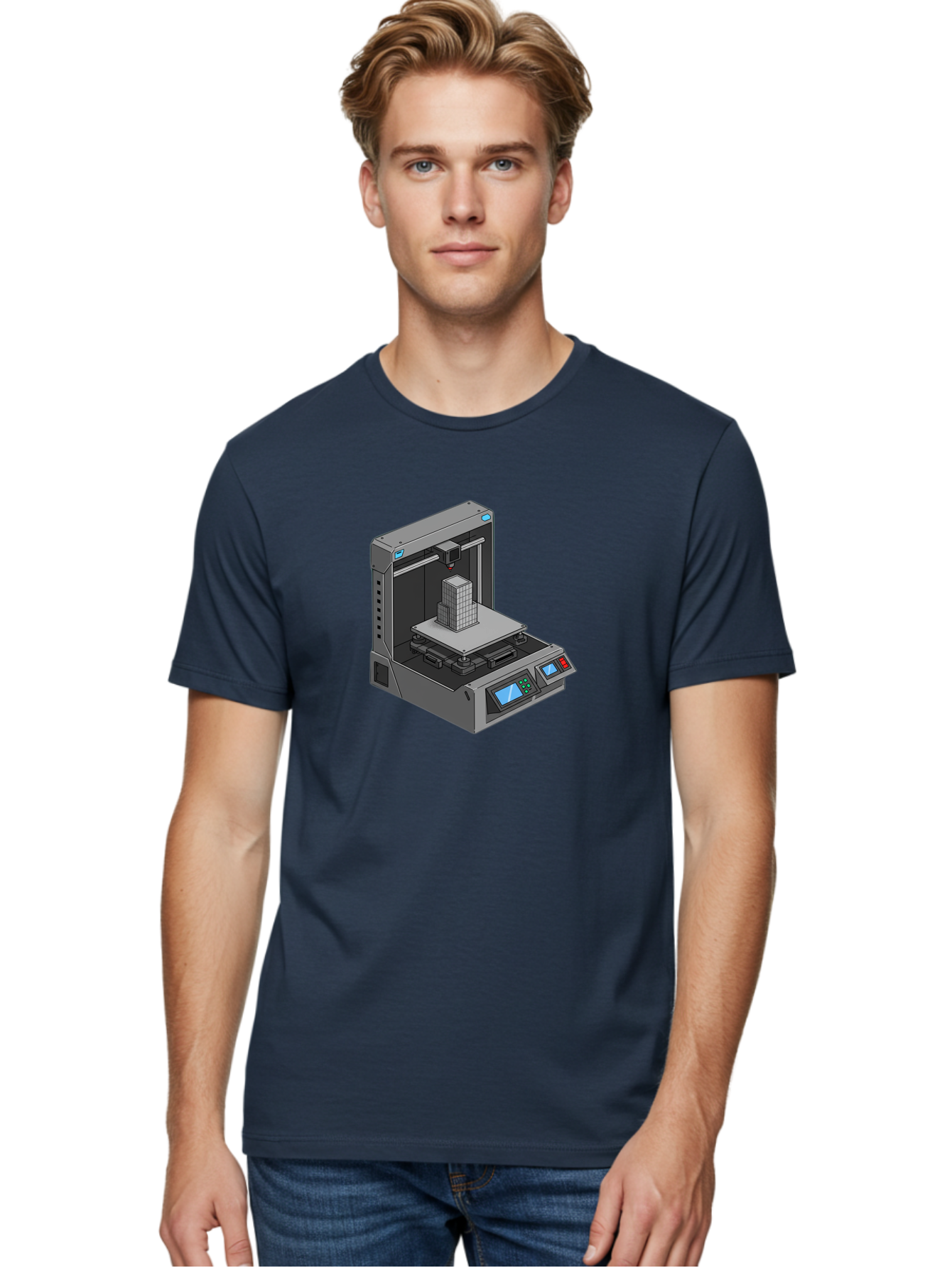 3D-Printer-36 Men'S Graphic Tee, 100% Cotton, Comfortable Casual Summer Wear, Machine Washable, 3D Printing Technology, Additive Manufacturing, Gray 3D Printer, Control Panel, Digital Display, Printing Process, Cube-Shaped Object, Baa031
