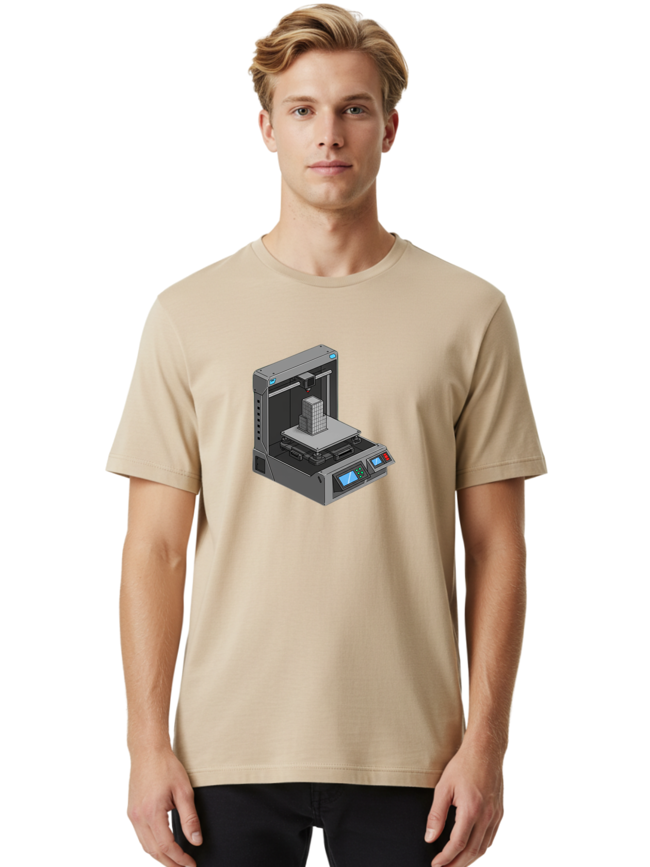 3D-Printer-36 Men'S Graphic Tee, 100% Cotton, Comfortable Casual Summer Wear, Machine Washable, 3D Printing Technology, Additive Manufacturing, Gray 3D Printer, Control Panel, Digital Display, Printing Process, Cube-Shaped Object, Baa031
