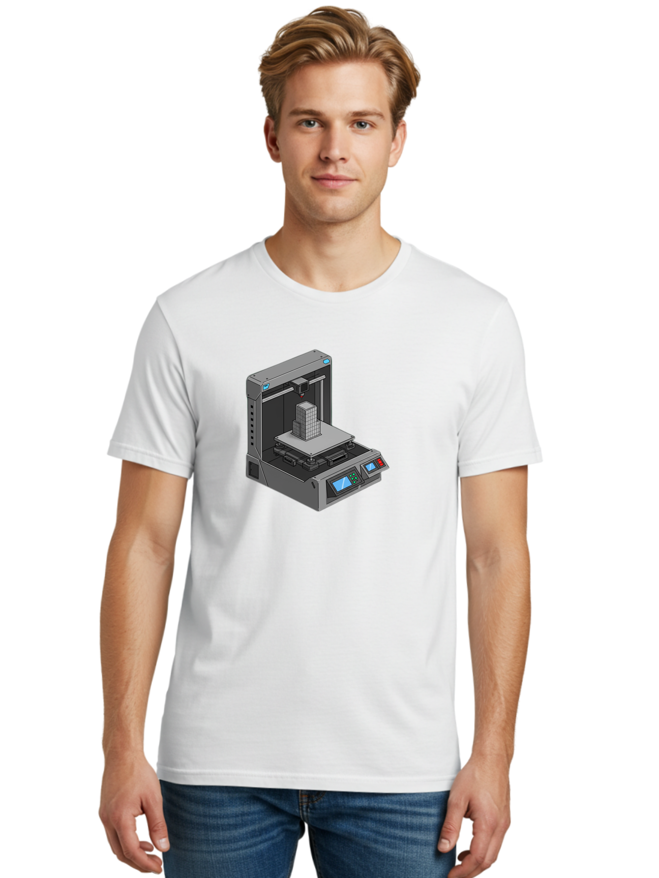3D-Printer-36 Men'S Graphic Tee, 100% Cotton, Comfortable Casual Summer Wear, Machine Washable, 3D Printing Technology, Additive Manufacturing, Gray 3D Printer, Control Panel, Digital Display, Printing Process, Cube-Shaped Object, Baa031