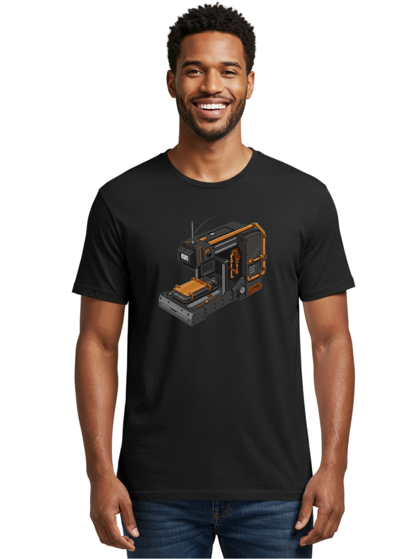 3D-Printer-38 Men'S Graphic Tee, 100% Cotton, Comfortable Casual Summer Wear, Machine Washable, Industrial 3D Printing Technology, Futuristic Manufacturing, Copper Piping, Black Metal Machinery, High-Precision Engineering, Innovative Design, Baa033