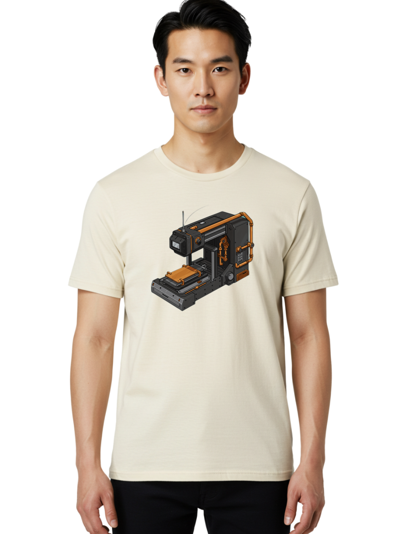3D-Printer-38 Men'S Graphic Tee, 100% Cotton, Comfortable Casual Summer Wear, Machine Washable, Industrial 3D Printing Technology, Futuristic Manufacturing, Copper Piping, Black Metal Machinery, High-Precision Engineering, Innovative Design, Baa033
