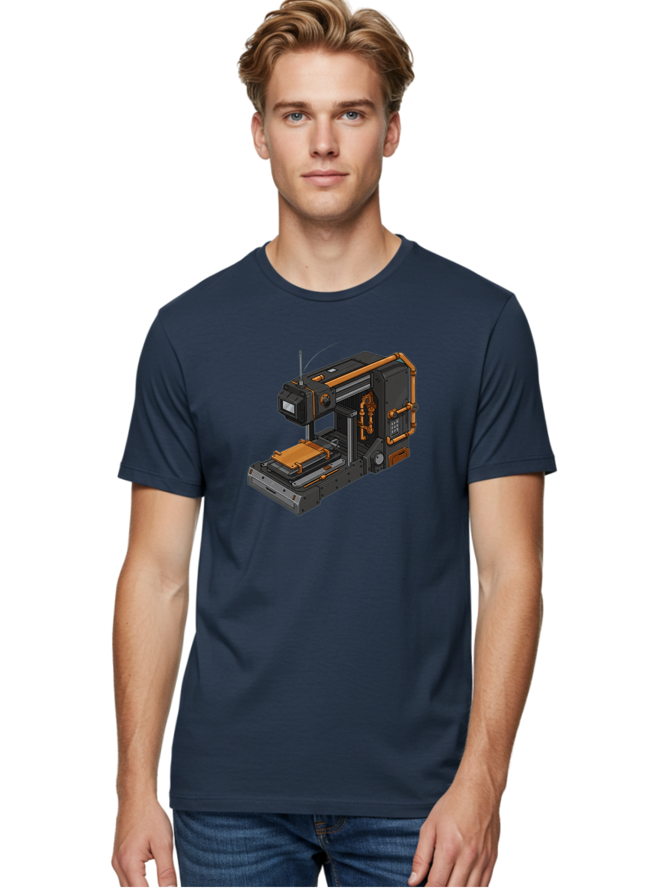 3D-Printer-38 Men'S Graphic Tee, 100% Cotton, Comfortable Casual Summer Wear, Machine Washable, Industrial 3D Printing Technology, Futuristic Manufacturing, Copper Piping, Black Metal Machinery, High-Precision Engineering, Innovative Design, Baa033