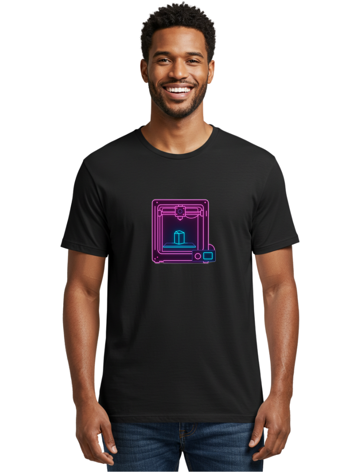 3D-Printer-8 Men'S Graphic Tee, 100% Cotton, Comfortable Casual Summer Wear, Machine Washable, 3D Printing Technology, Additive Manufacturing, Futuristic Design, Neon Lights, Digital Fabrication, Prototype Development, Innovative Product, Baa042