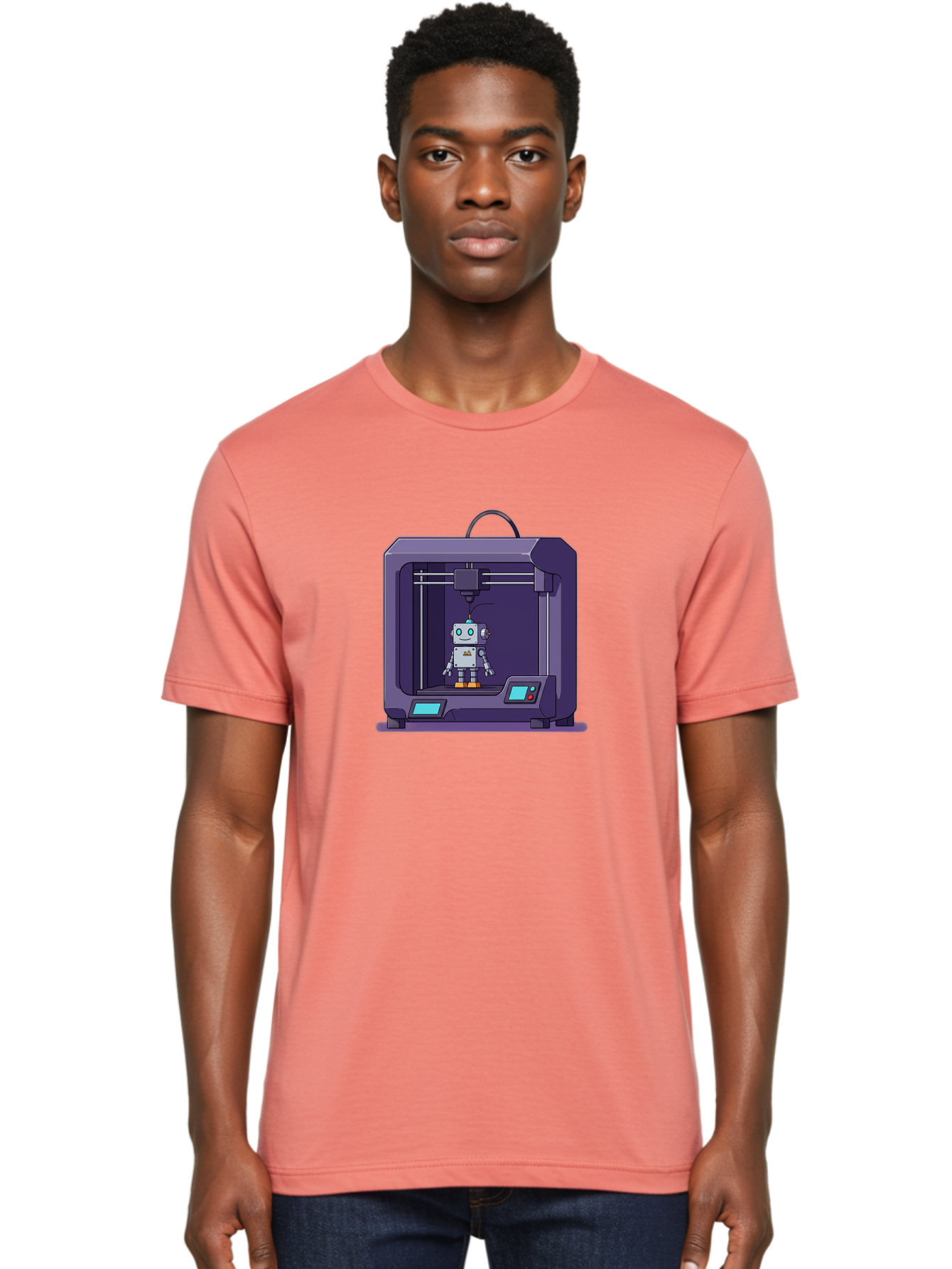 3D-Printer-Robot-1 Men'S Graphic Tee, 100% Cotton, Comfortable Casual Summer Wear, Machine Washable, 3D Printing Technology, Robot Being Printed, Advanced Manufacturing, Futuristic Design, Robotic Parts, Digital Fabrication, Baa047