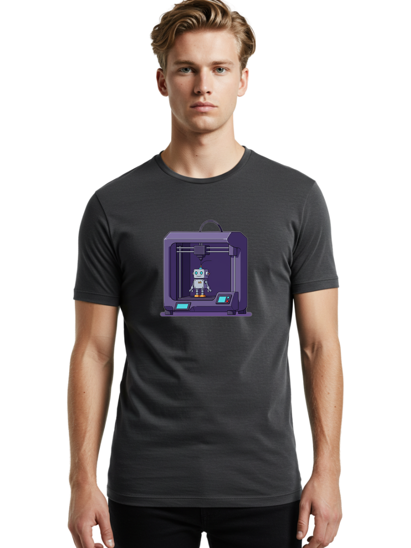 3D-Printer-Robot-1 Men'S Graphic Tee, 100% Cotton, Comfortable Casual Summer Wear, Machine Washable, 3D Printing Technology, Robot Being Printed, Advanced Manufacturing, Futuristic Design, Robotic Parts, Digital Fabrication, Baa047