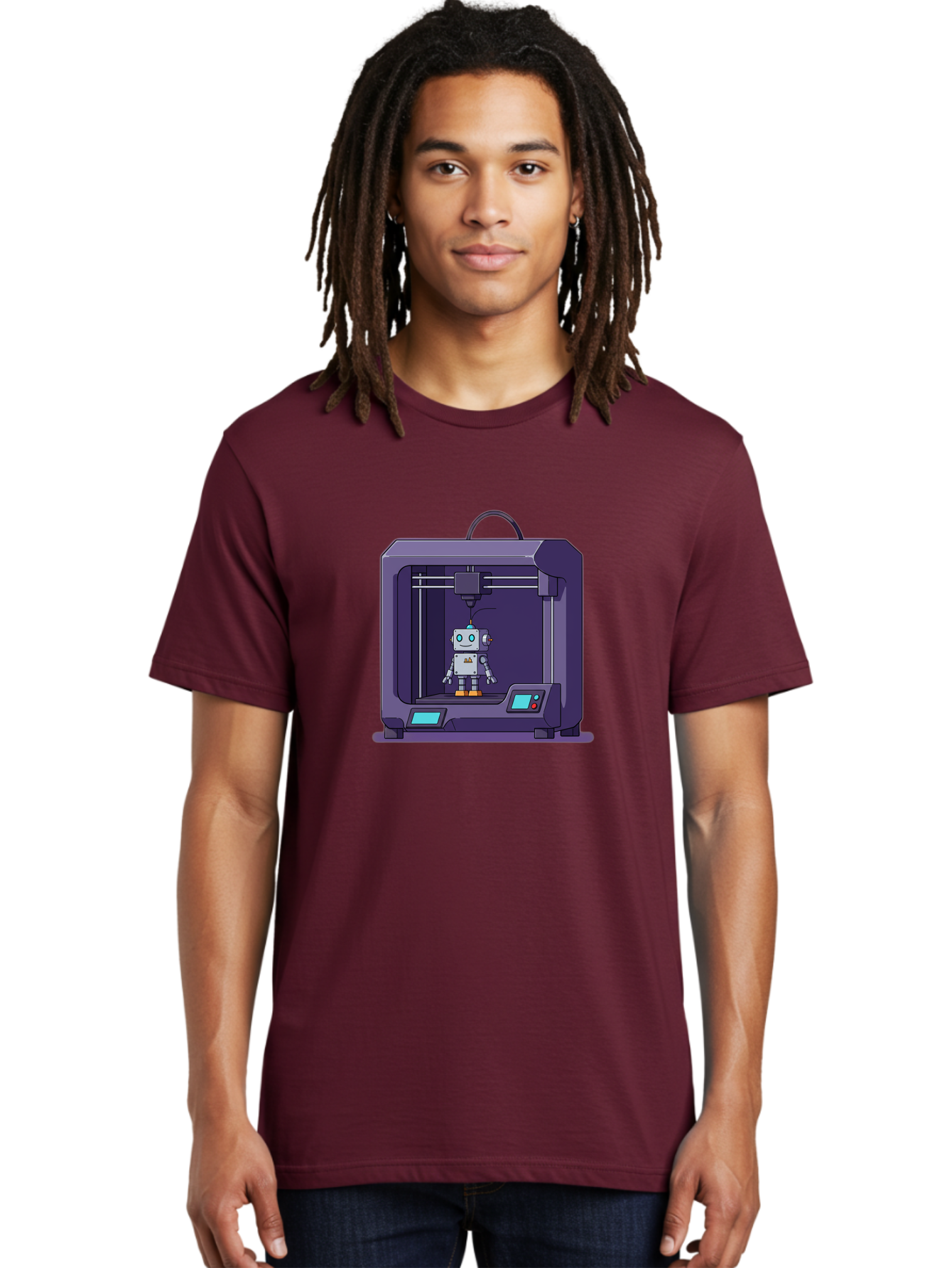 3D-Printer-Robot-1 Men'S Graphic Tee, 100% Cotton, Comfortable Casual Summer Wear, Machine Washable, 3D Printing Technology, Robot Being Printed, Advanced Manufacturing, Futuristic Design, Robotic Parts, Digital Fabrication, Baa047