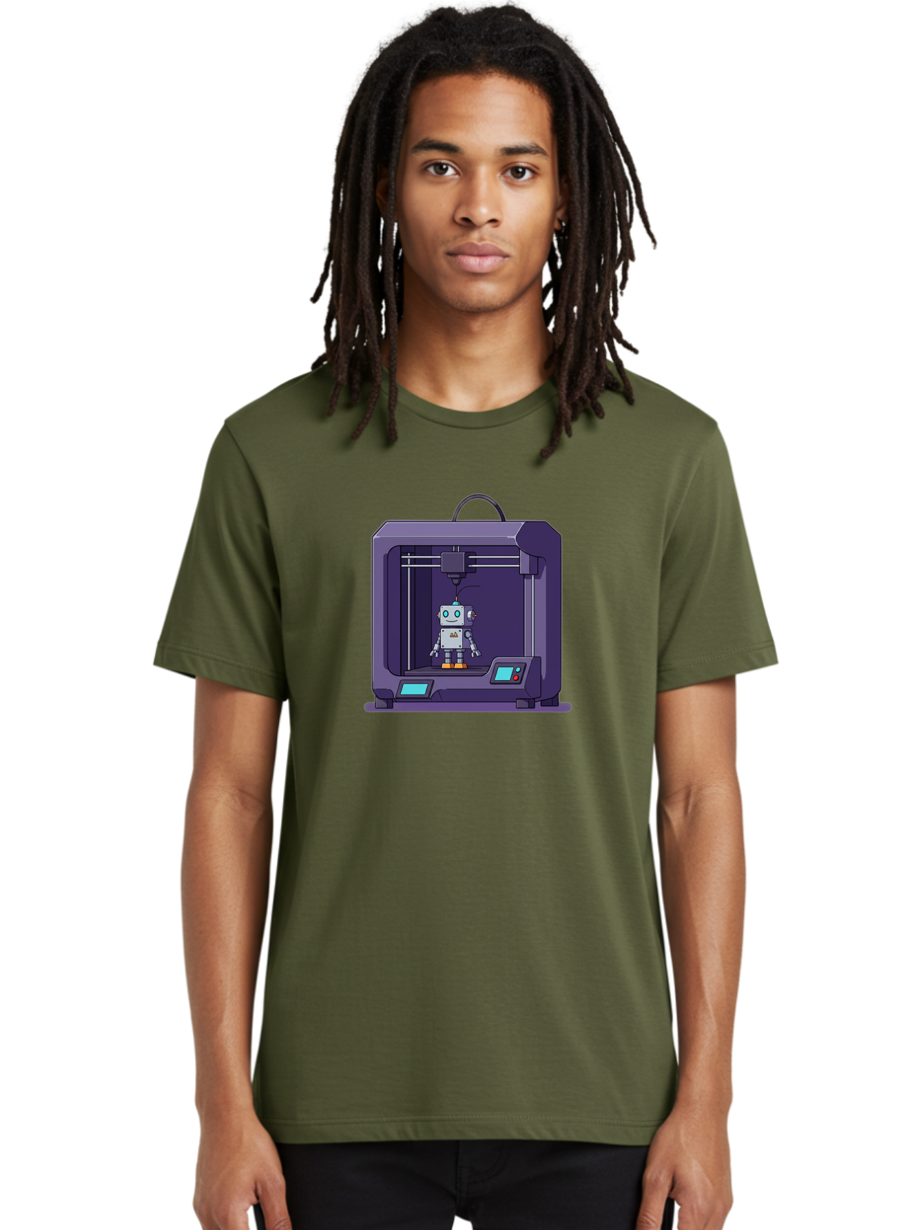 3D-Printer-Robot-1 Men'S Graphic Tee, 100% Cotton, Comfortable Casual Summer Wear, Machine Washable, 3D Printing Technology, Robot Being Printed, Advanced Manufacturing, Futuristic Design, Robotic Parts, Digital Fabrication, Baa047