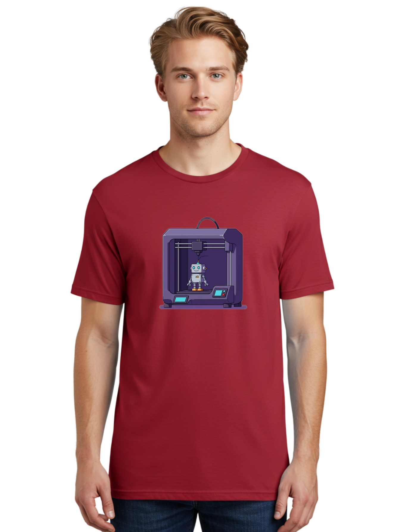 3D-Printer-Robot-1 Men'S Graphic Tee, 100% Cotton, Comfortable Casual Summer Wear, Machine Washable, 3D Printing Technology, Robot Being Printed, Advanced Manufacturing, Futuristic Design, Robotic Parts, Digital Fabrication, Baa047