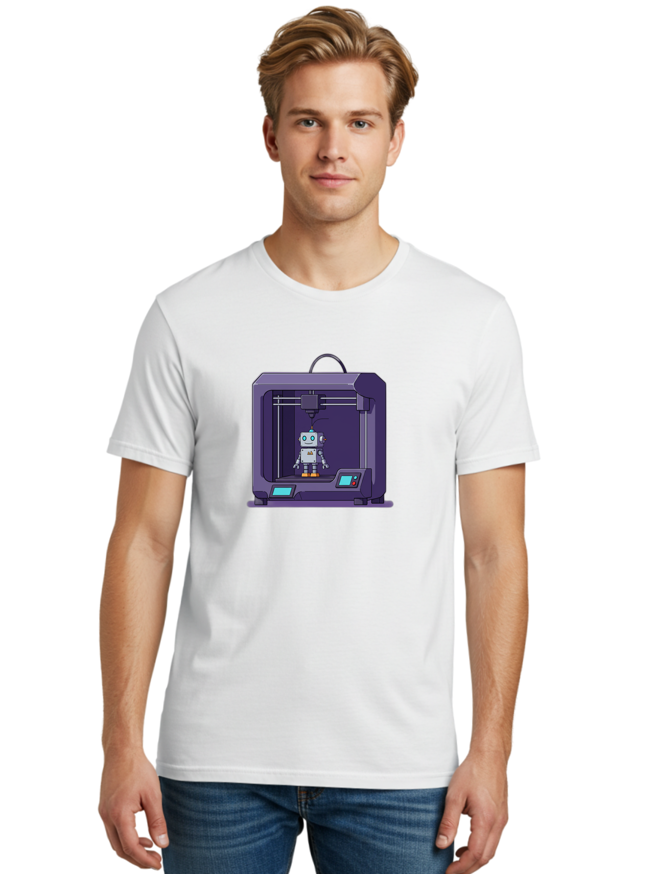 3D-Printer-Robot-1 Men'S Graphic Tee, 100% Cotton, Comfortable Casual Summer Wear, Machine Washable, 3D Printing Technology, Robot Being Printed, Advanced Manufacturing, Futuristic Design, Robotic Parts, Digital Fabrication, Baa047
