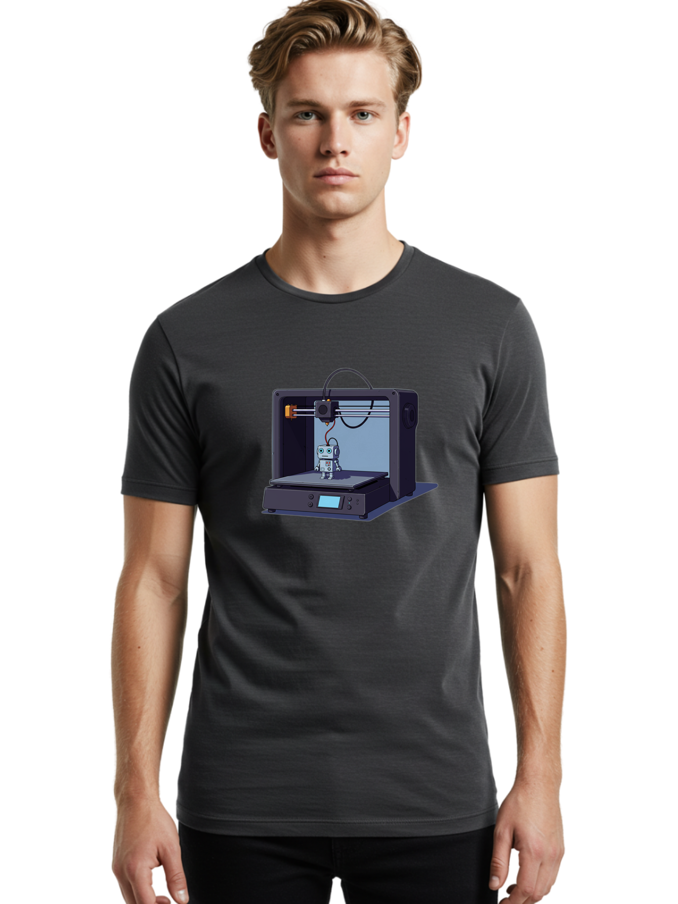 3D-Printer-Robot Men'S Graphic Tee, 100% Cotton, Comfortable Casual Summer Wear, Machine Washable, 3D Printing Technology, Robot Figurine, Digital Fabrication, Additive Manufacturing, Futuristic Design, Robotic Innovation, Modern Machinery Baa048