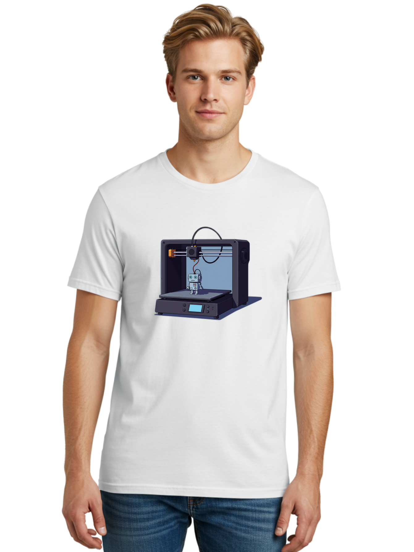 3D-Printer-Robot Men'S Graphic Tee, 100% Cotton, Comfortable Casual Summer Wear, Machine Washable, 3D Printing Technology, Robot Figurine, Digital Fabrication, Additive Manufacturing, Futuristic Design, Robotic Innovation, Modern Machinery Baa048