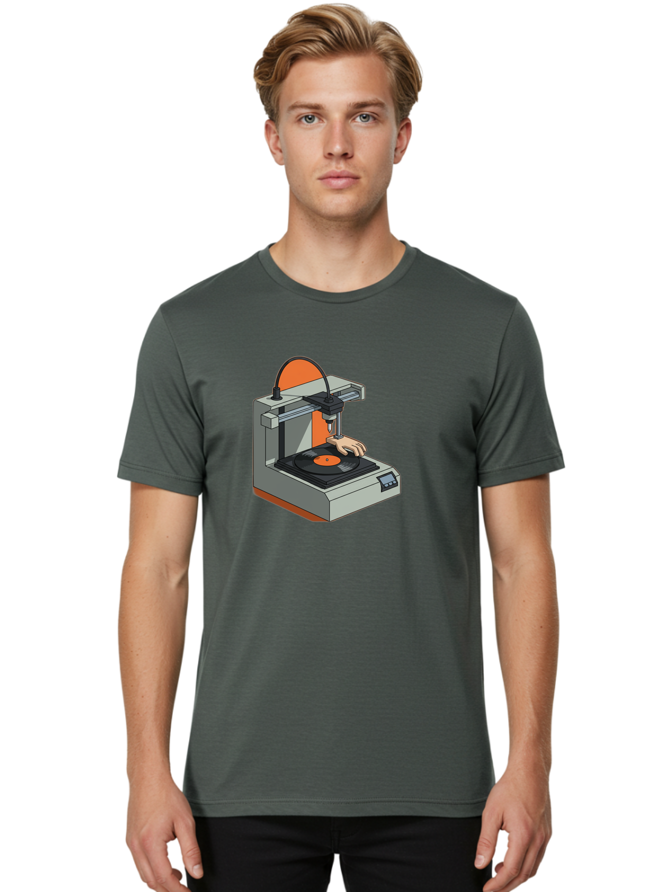 3D-Printer-Vinyl-Record Men'S Graphic Tee, 100% Cotton, Comfortable Casual Summer Wear, Machine Washable, 3D Printing Technology, Vinyl Record Production, Innovative Manufacturing, Creative Design, Futuristic Machinery, Digital Fabrication, Baa049