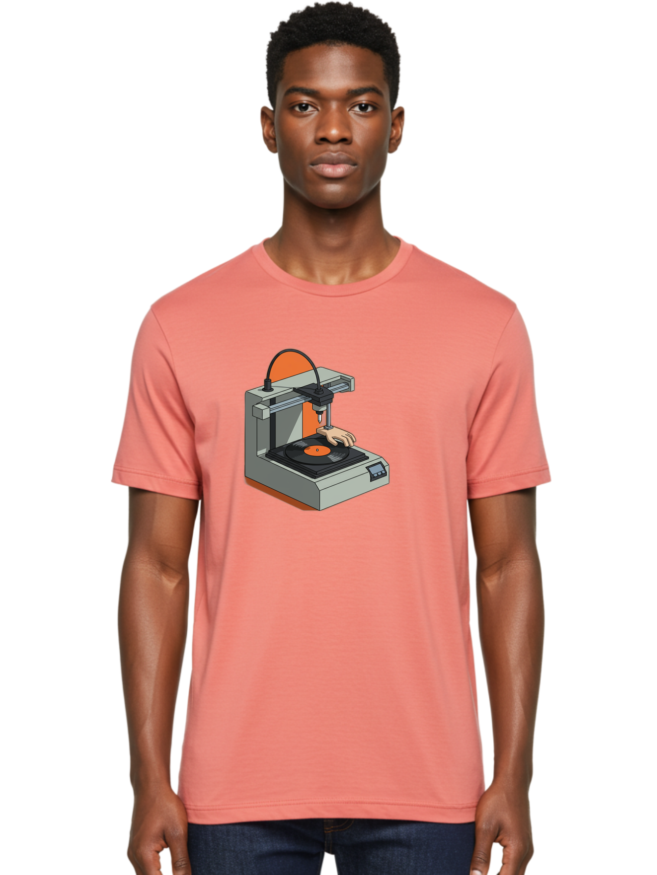 3D-Printer-Vinyl-Record Men'S Graphic Tee, 100% Cotton, Comfortable Casual Summer Wear, Machine Washable, 3D Printing Technology, Vinyl Record Production, Innovative Manufacturing, Creative Design, Futuristic Machinery, Digital Fabrication, Baa049