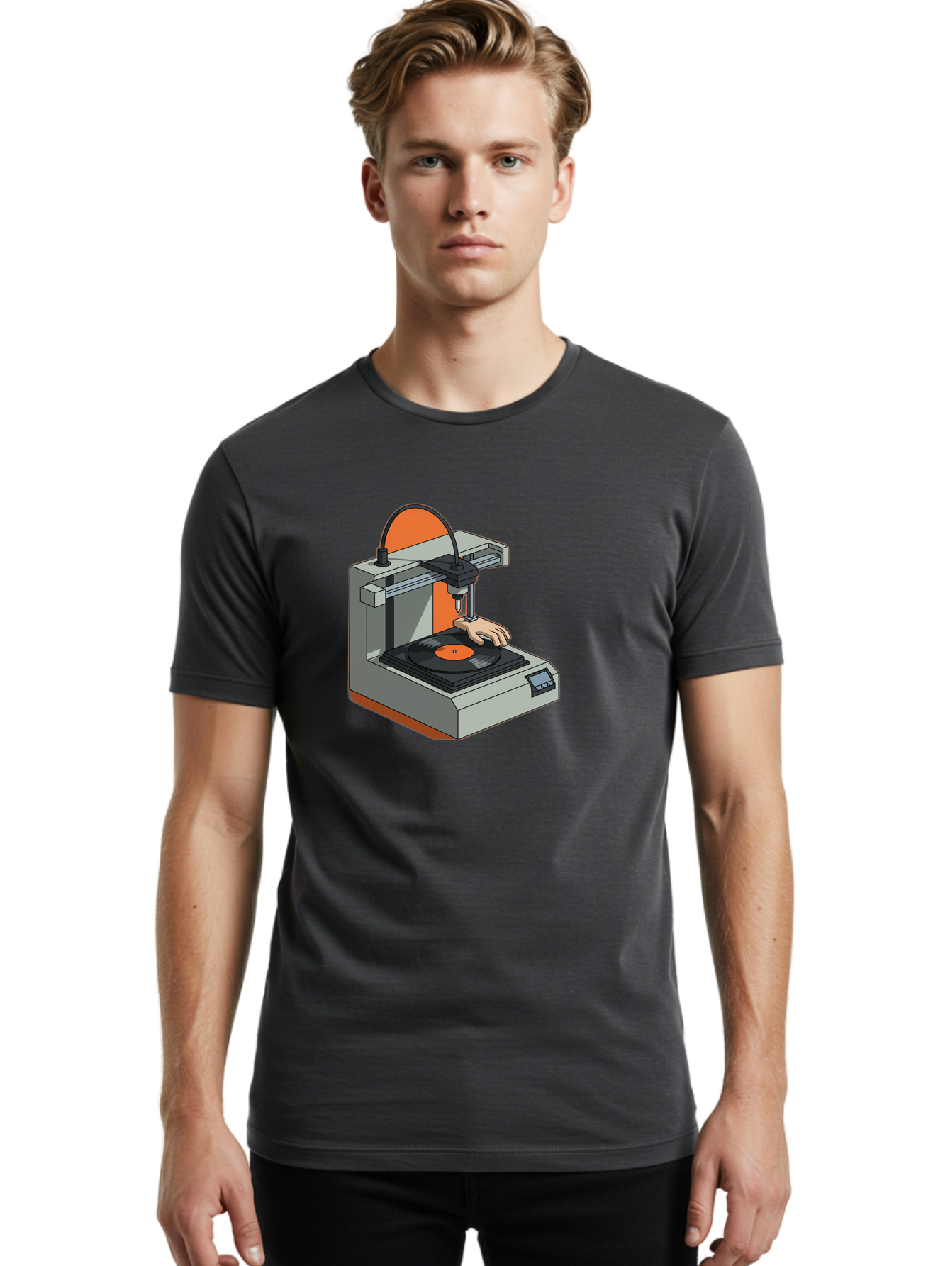 3D-Printer-Vinyl-Record Men'S Graphic Tee, 100% Cotton, Comfortable Casual Summer Wear, Machine Washable, 3D Printing Technology, Vinyl Record Production, Innovative Manufacturing, Creative Design, Futuristic Machinery, Digital Fabrication, Baa049