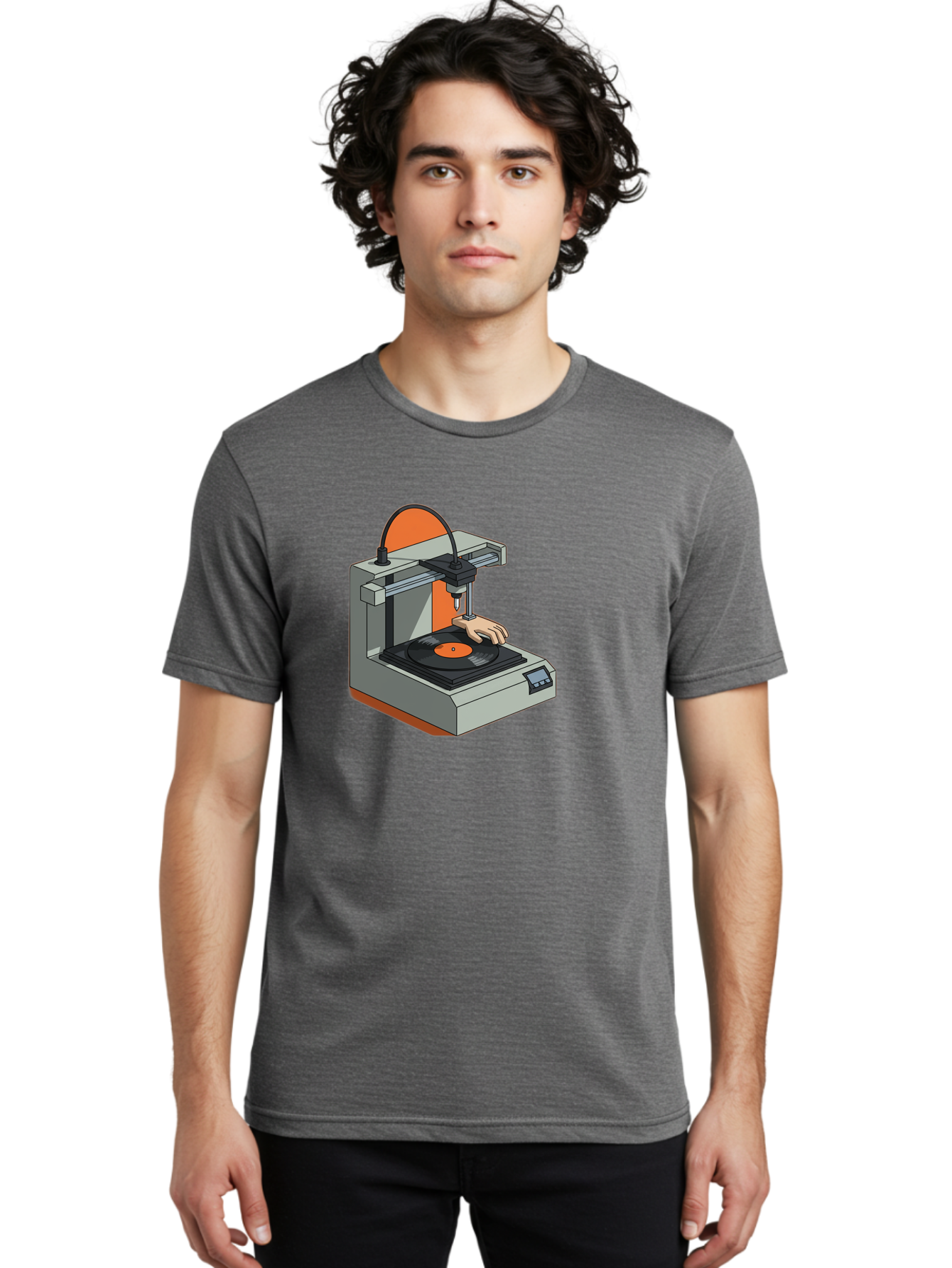 3D-Printer-Vinyl-Record Men'S Graphic Tee, 100% Cotton, Comfortable Casual Summer Wear, Machine Washable, 3D Printing Technology, Vinyl Record Production, Innovative Manufacturing, Creative Design, Futuristic Machinery, Digital Fabrication, Baa049