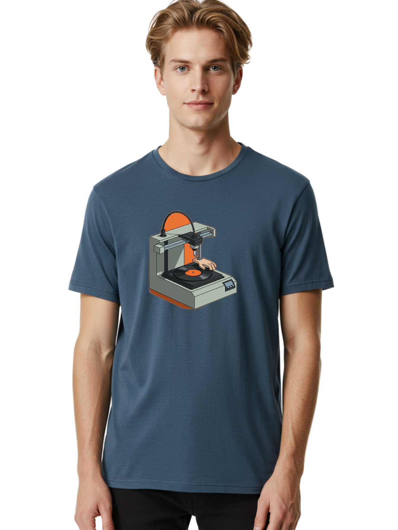 3D-Printer-Vinyl-Record Men'S Graphic Tee, 100% Cotton, Comfortable Casual Summer Wear, Machine Washable, 3D Printing Technology, Vinyl Record Production, Innovative Manufacturing, Creative Design, Futuristic Machinery, Digital Fabrication, Baa049