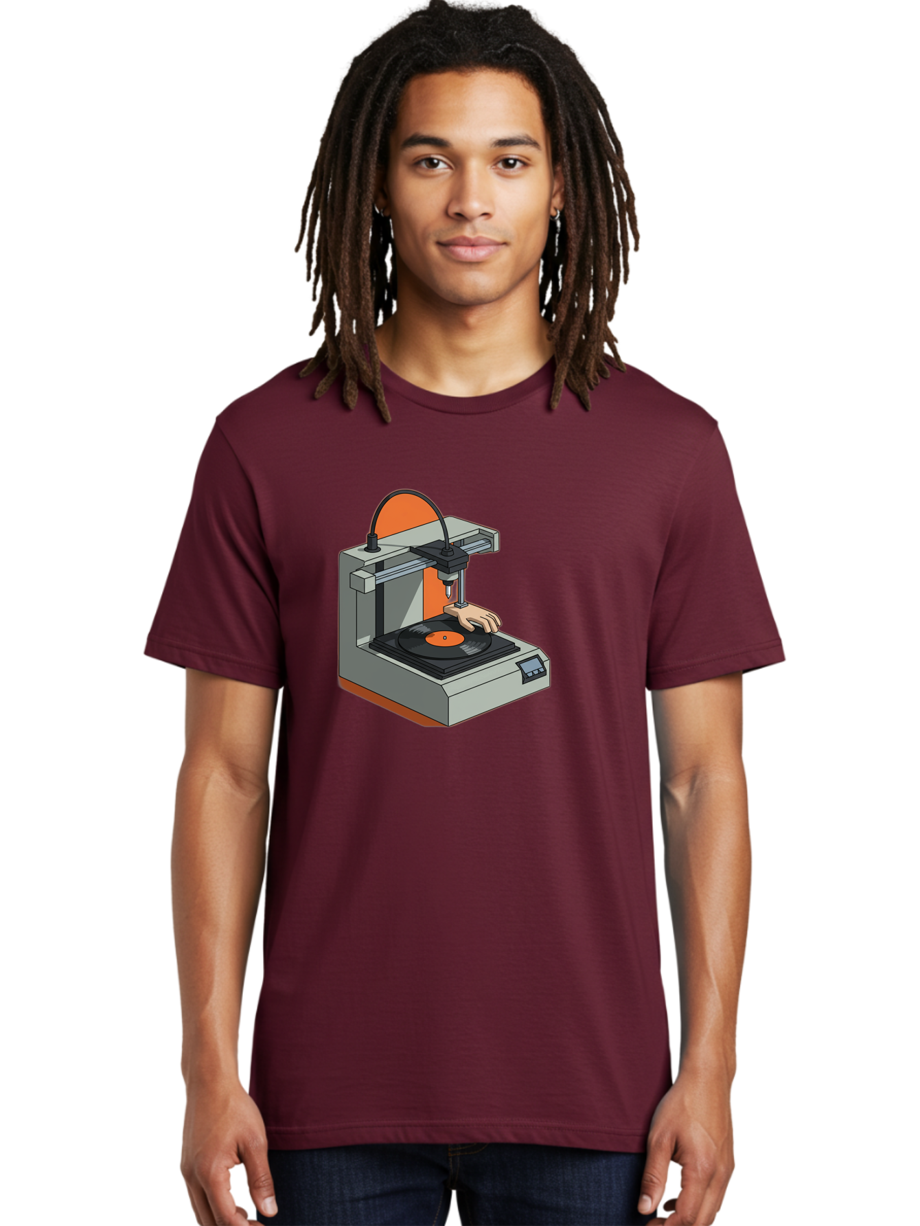 3D-Printer-Vinyl-Record Men'S Graphic Tee, 100% Cotton, Comfortable Casual Summer Wear, Machine Washable, 3D Printing Technology, Vinyl Record Production, Innovative Manufacturing, Creative Design, Futuristic Machinery, Digital Fabrication, Baa049