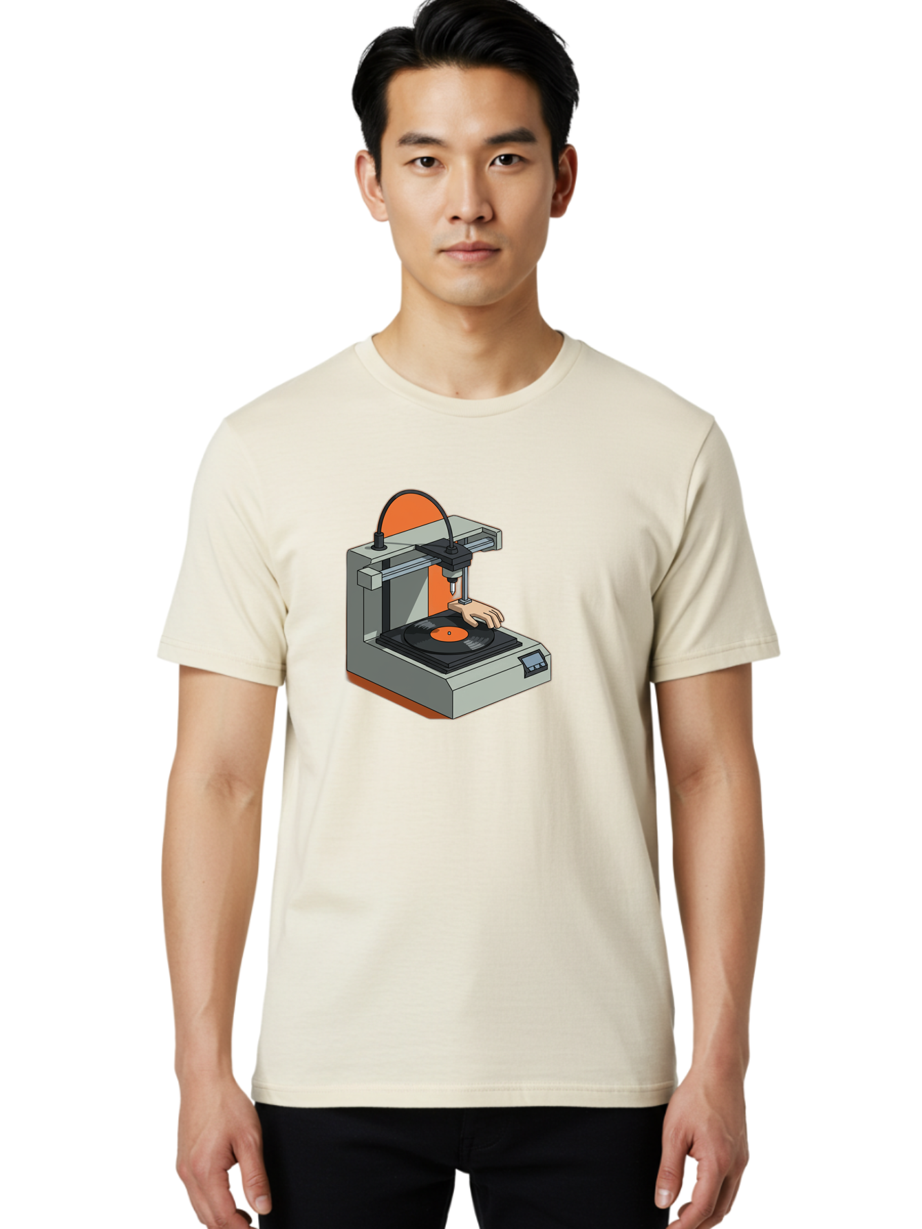 3D-Printer-Vinyl-Record Men'S Graphic Tee, 100% Cotton, Comfortable Casual Summer Wear, Machine Washable, 3D Printing Technology, Vinyl Record Production, Innovative Manufacturing, Creative Design, Futuristic Machinery, Digital Fabrication, Baa049
