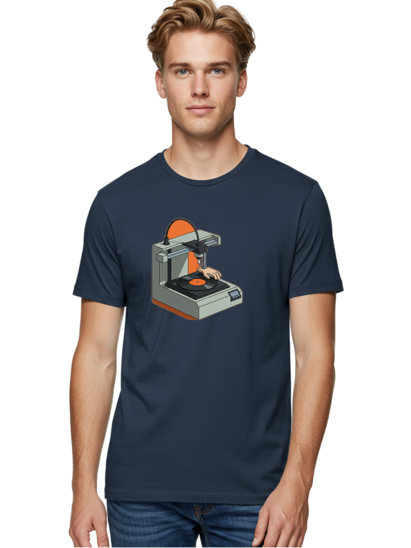 3D-Printer-Vinyl-Record Men'S Graphic Tee, 100% Cotton, Comfortable Casual Summer Wear, Machine Washable, 3D Printing Technology, Vinyl Record Production, Innovative Manufacturing, Creative Design, Futuristic Machinery, Digital Fabrication, Baa049