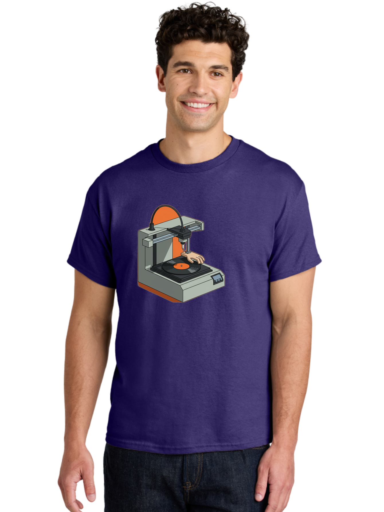 3D-Printer-Vinyl-Record Men'S Graphic Tee, 100% Cotton, Comfortable Casual Summer Wear, Machine Washable, 3D Printing Technology, Vinyl Record Production, Innovative Manufacturing, Creative Design, Futuristic Machinery, Digital Fabrication, Baa049