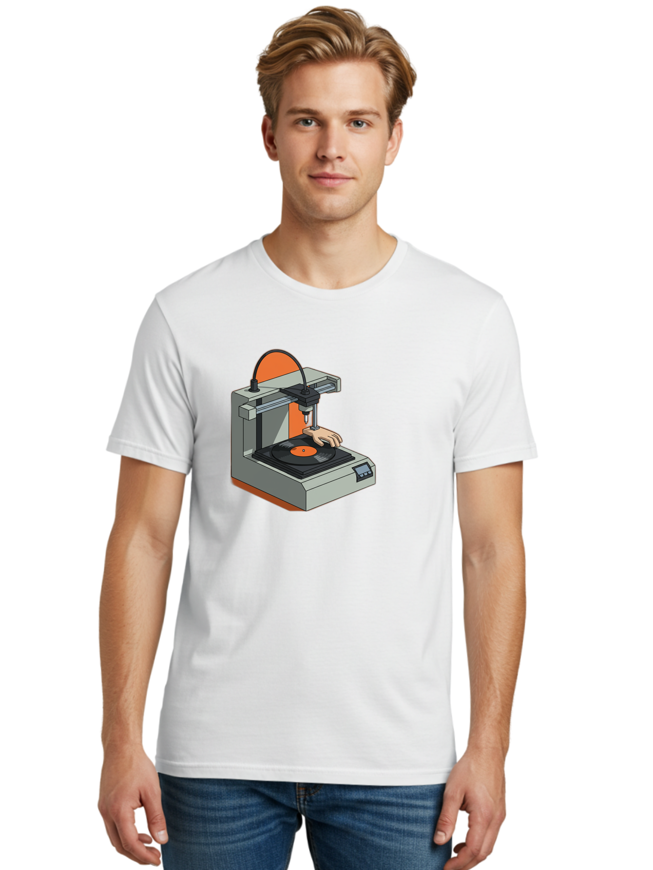 3D-Printer-Vinyl-Record Men'S Graphic Tee, 100% Cotton, Comfortable Casual Summer Wear, Machine Washable, 3D Printing Technology, Vinyl Record Production, Innovative Manufacturing, Creative Design, Futuristic Machinery, Digital Fabrication, Baa049