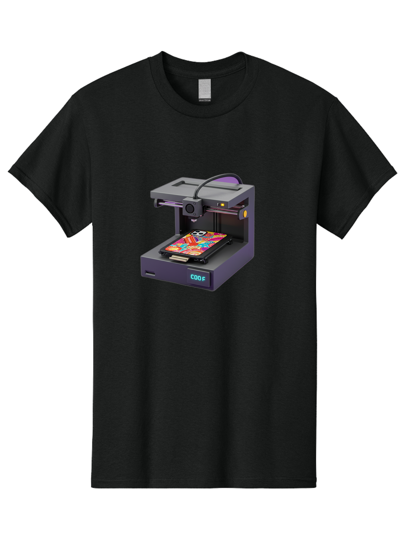3D-Printer-With-Phone-Case Men'S Graphic Tee, 100% Cotton, Comfortable Casual Summer Wear, Machine Washable, 3D Printing Technology, Vibrant Phone Case, Colorful Design, Sugar Skull Art, Creative Printing, Modern Machinery, Baa050