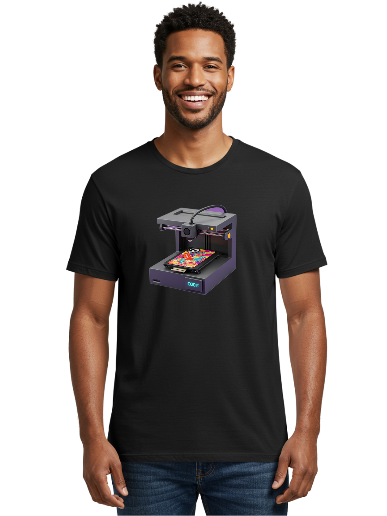 3D-Printer-With-Phone-Case Men'S Graphic Tee, 100% Cotton, Comfortable Casual Summer Wear, Machine Washable, 3D Printing Technology, Vibrant Phone Case, Colorful Design, Sugar Skull Art, Creative Printing, Modern Machinery, Baa050