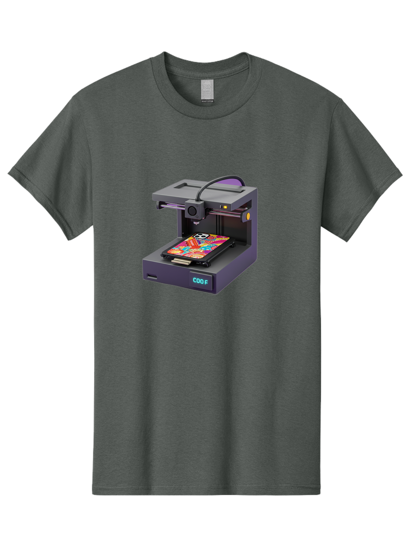 3D-Printer-With-Phone-Case Men'S Graphic Tee, 100% Cotton, Comfortable Casual Summer Wear, Machine Washable, 3D Printing Technology, Vibrant Phone Case, Colorful Design, Sugar Skull Art, Creative Printing, Modern Machinery, Baa050