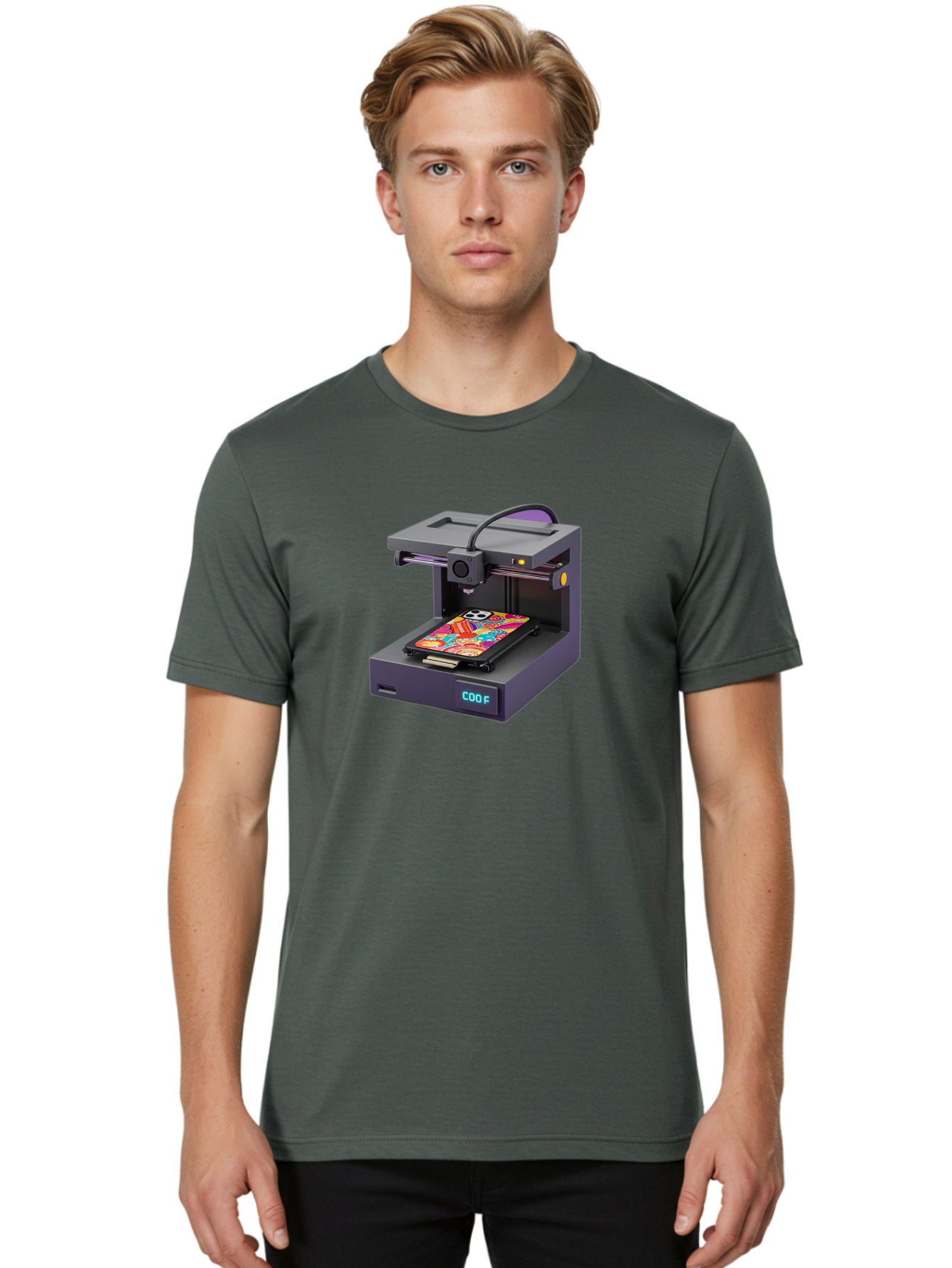 3D-Printer-With-Phone-Case Men'S Graphic Tee, 100% Cotton, Comfortable Casual Summer Wear, Machine Washable, 3D Printing Technology, Vibrant Phone Case, Colorful Design, Sugar Skull Art, Creative Printing, Modern Machinery, Baa050