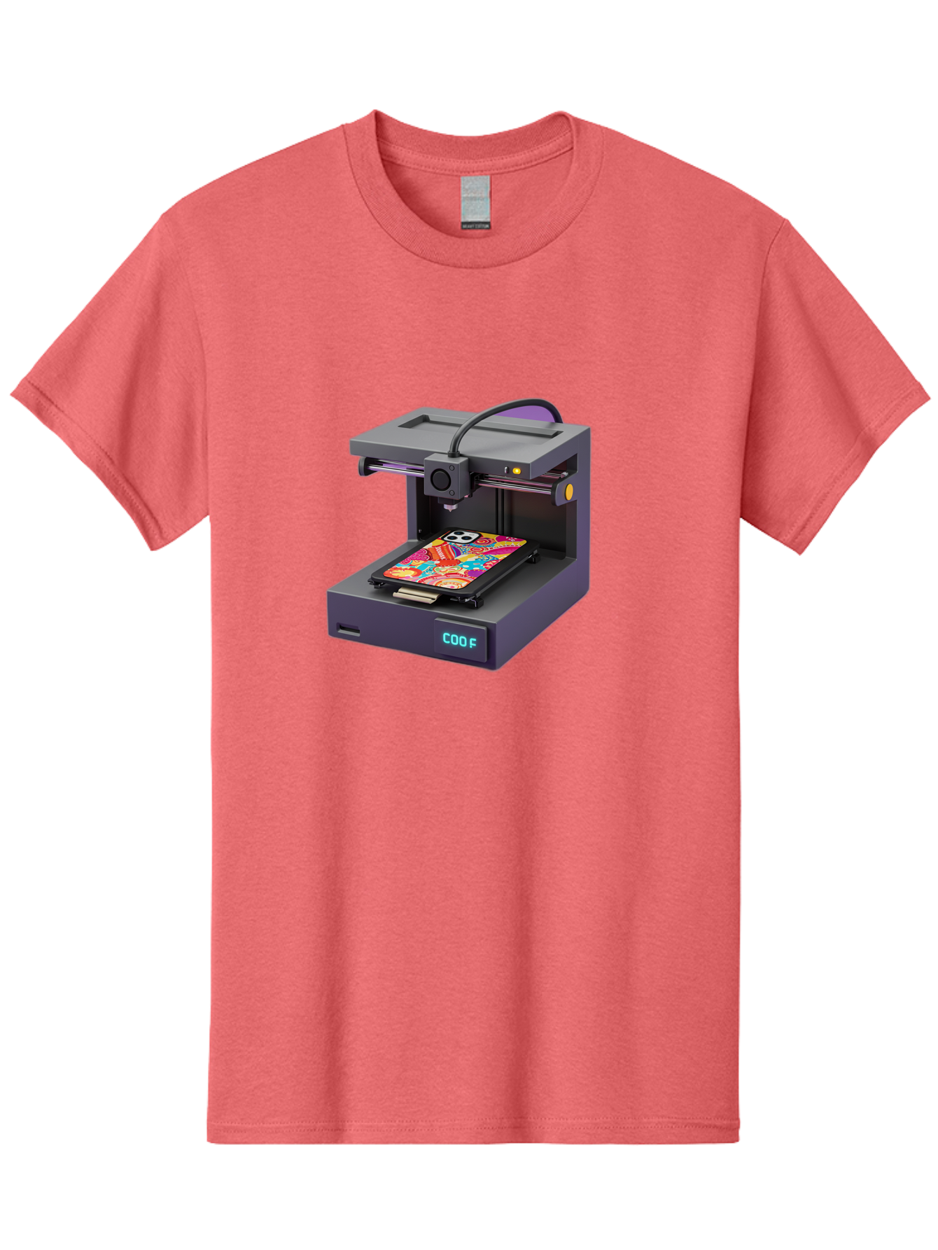 3D-Printer-With-Phone-Case Men'S Graphic Tee, 100% Cotton, Comfortable Casual Summer Wear, Machine Washable, 3D Printing Technology, Vibrant Phone Case, Colorful Design, Sugar Skull Art, Creative Printing, Modern Machinery, Baa050