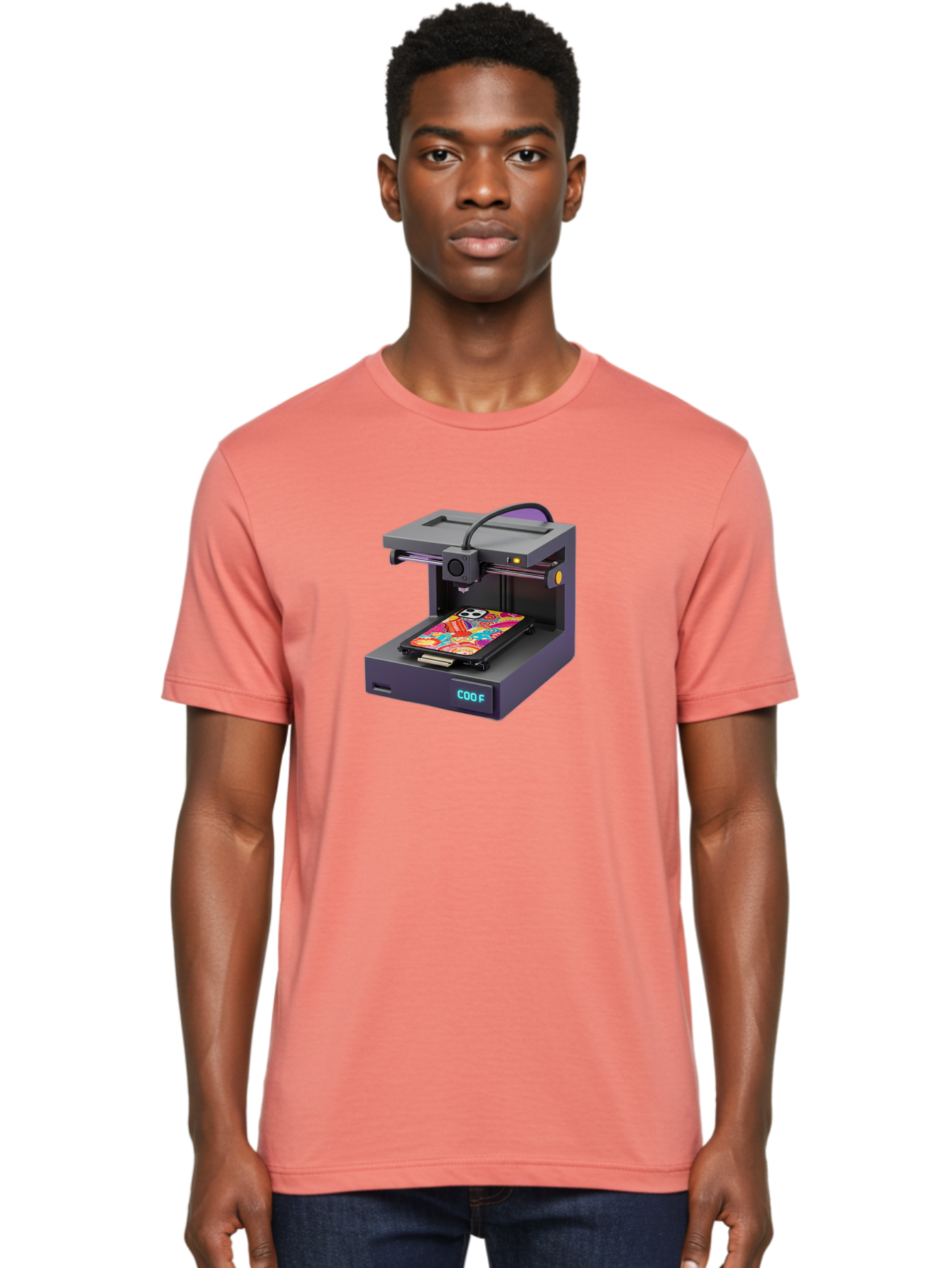 3D-Printer-With-Phone-Case Men'S Graphic Tee, 100% Cotton, Comfortable Casual Summer Wear, Machine Washable, 3D Printing Technology, Vibrant Phone Case, Colorful Design, Sugar Skull Art, Creative Printing, Modern Machinery, Baa050
