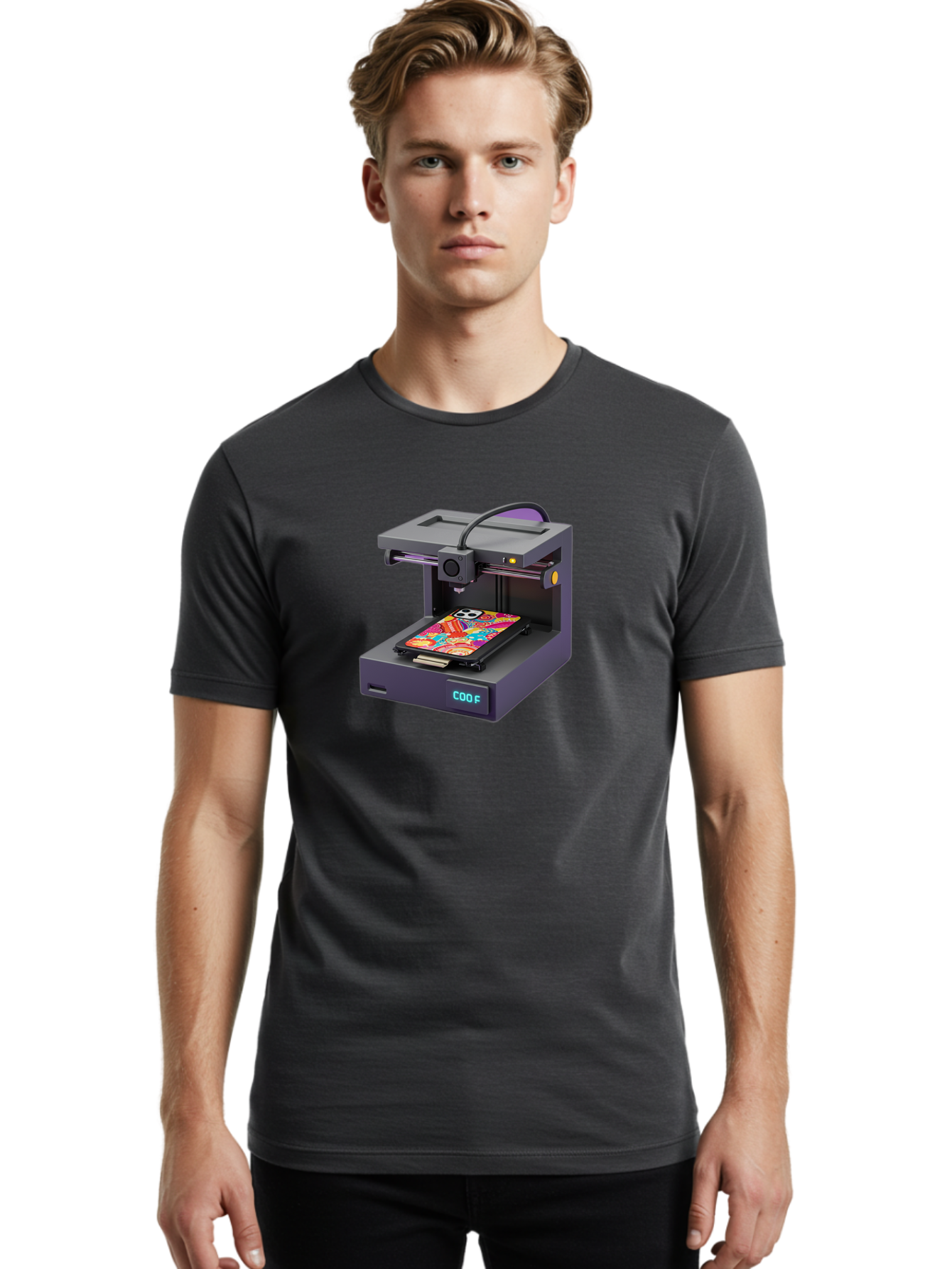 3D-Printer-With-Phone-Case Men'S Graphic Tee, 100% Cotton, Comfortable Casual Summer Wear, Machine Washable, 3D Printing Technology, Vibrant Phone Case, Colorful Design, Sugar Skull Art, Creative Printing, Modern Machinery, Baa050