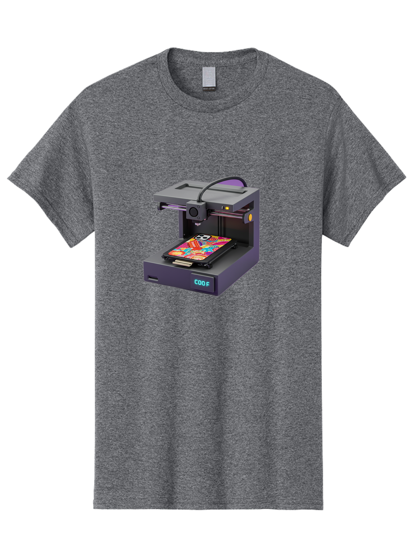 3D-Printer-With-Phone-Case Men'S Graphic Tee, 100% Cotton, Comfortable Casual Summer Wear, Machine Washable, 3D Printing Technology, Vibrant Phone Case, Colorful Design, Sugar Skull Art, Creative Printing, Modern Machinery, Baa050