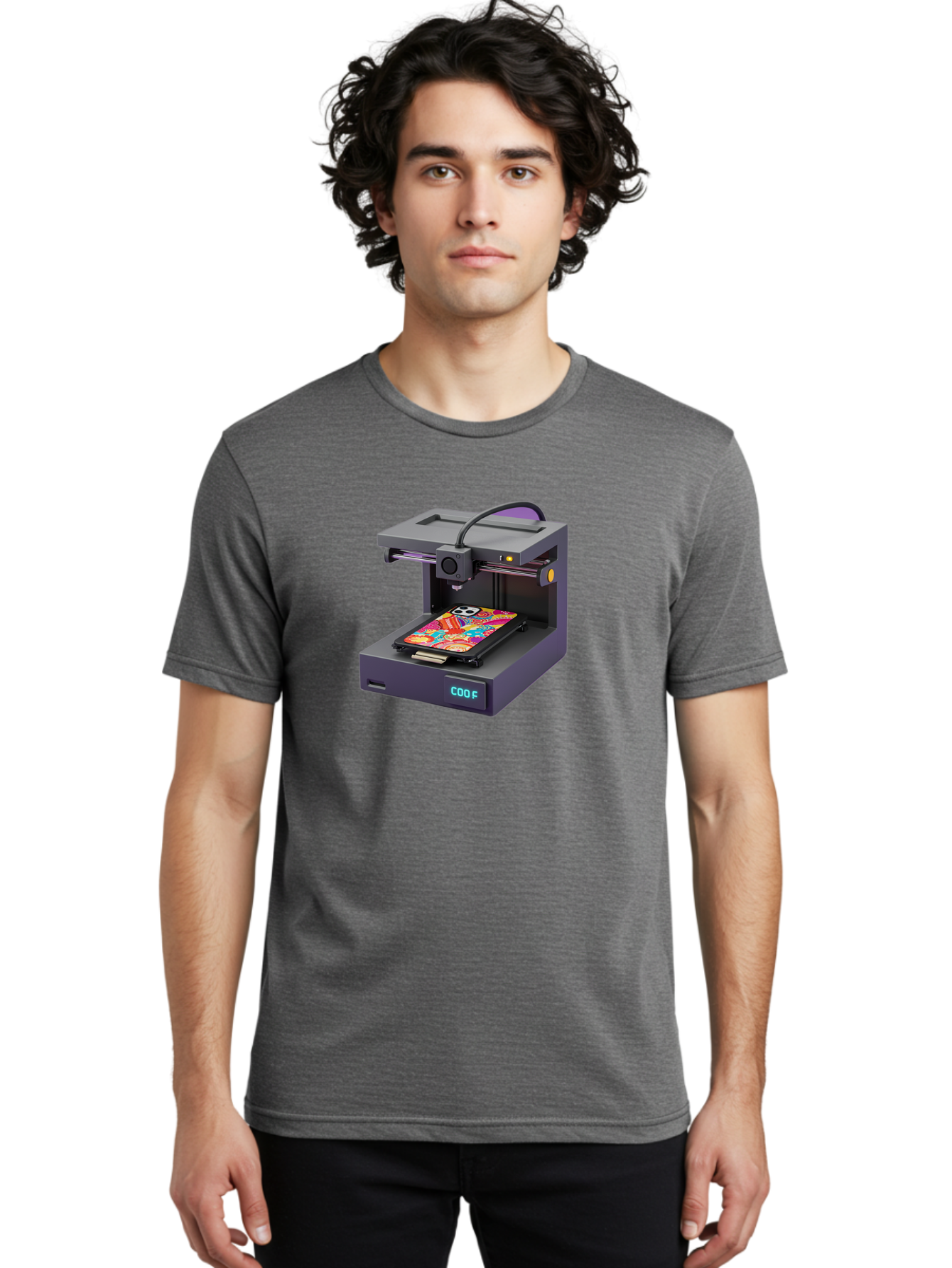 3D-Printer-With-Phone-Case Men'S Graphic Tee, 100% Cotton, Comfortable Casual Summer Wear, Machine Washable, 3D Printing Technology, Vibrant Phone Case, Colorful Design, Sugar Skull Art, Creative Printing, Modern Machinery, Baa050
