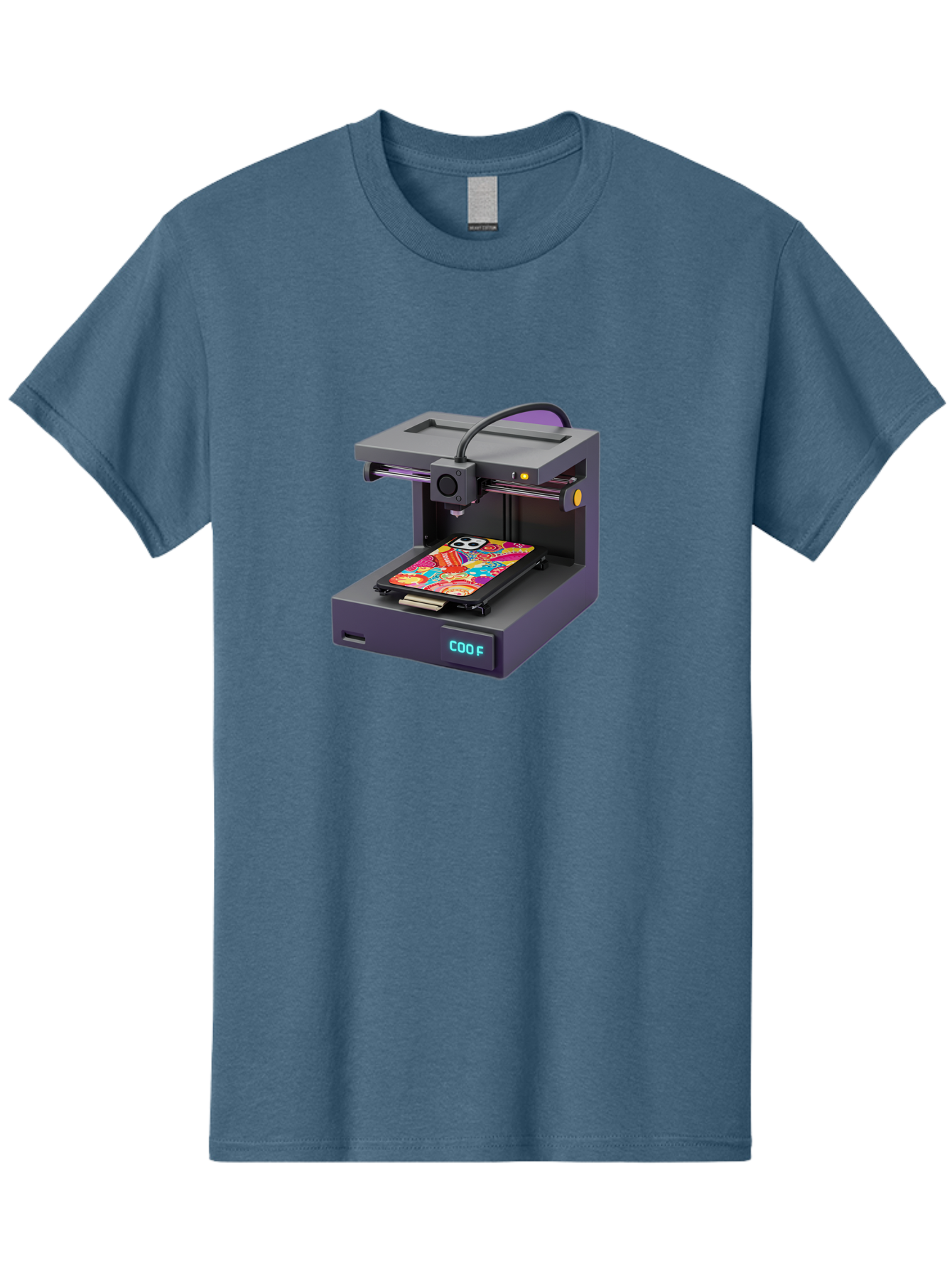 3D-Printer-With-Phone-Case Men'S Graphic Tee, 100% Cotton, Comfortable Casual Summer Wear, Machine Washable, 3D Printing Technology, Vibrant Phone Case, Colorful Design, Sugar Skull Art, Creative Printing, Modern Machinery, Baa050