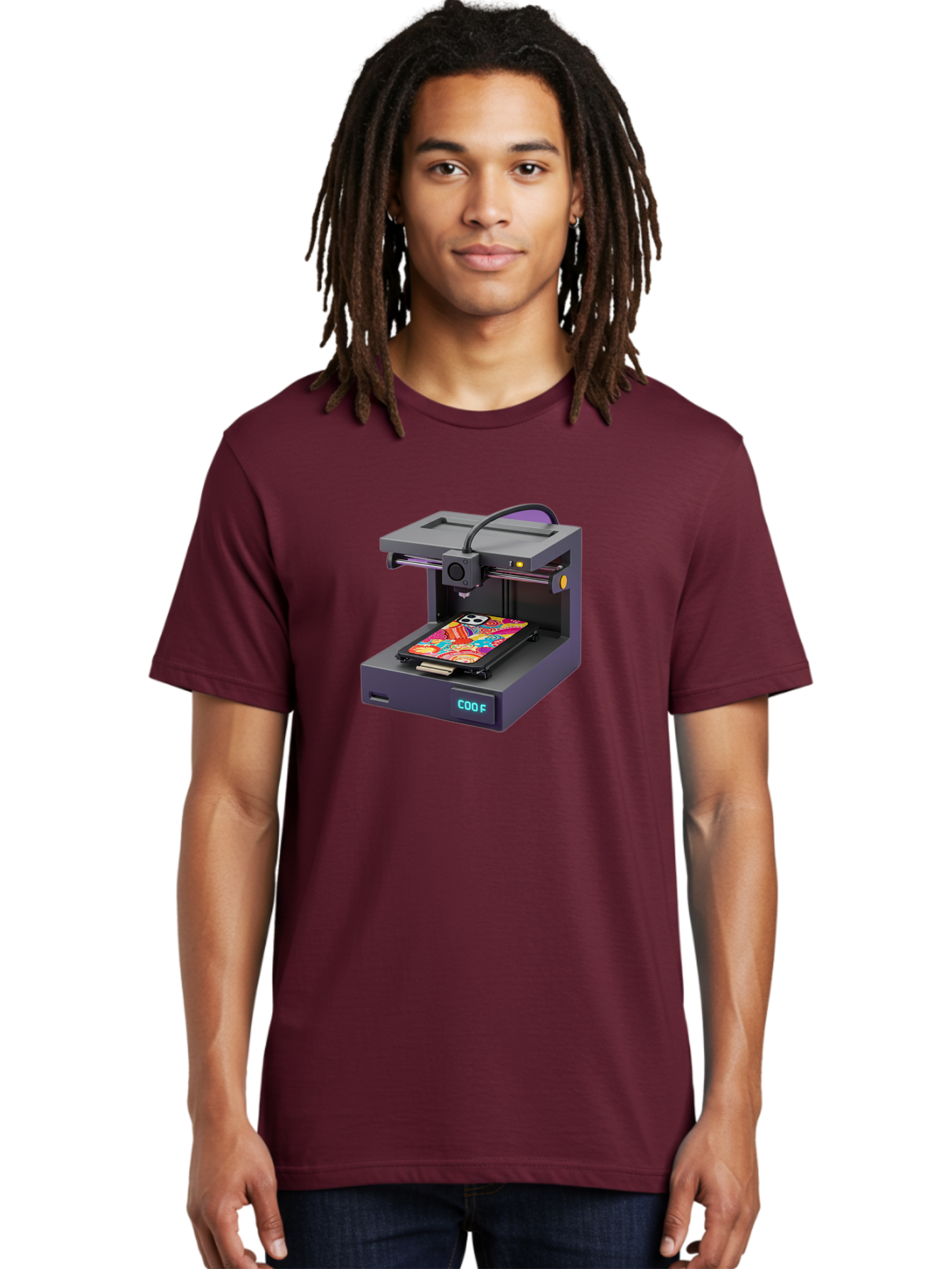 3D-Printer-With-Phone-Case Men'S Graphic Tee, 100% Cotton, Comfortable Casual Summer Wear, Machine Washable, 3D Printing Technology, Vibrant Phone Case, Colorful Design, Sugar Skull Art, Creative Printing, Modern Machinery, Baa050