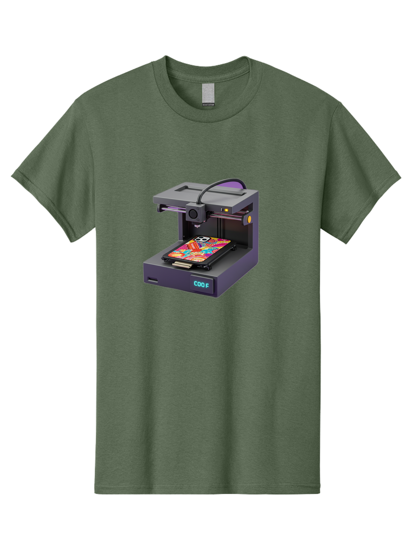 3D-Printer-With-Phone-Case Men'S Graphic Tee, 100% Cotton, Comfortable Casual Summer Wear, Machine Washable, 3D Printing Technology, Vibrant Phone Case, Colorful Design, Sugar Skull Art, Creative Printing, Modern Machinery, Baa050