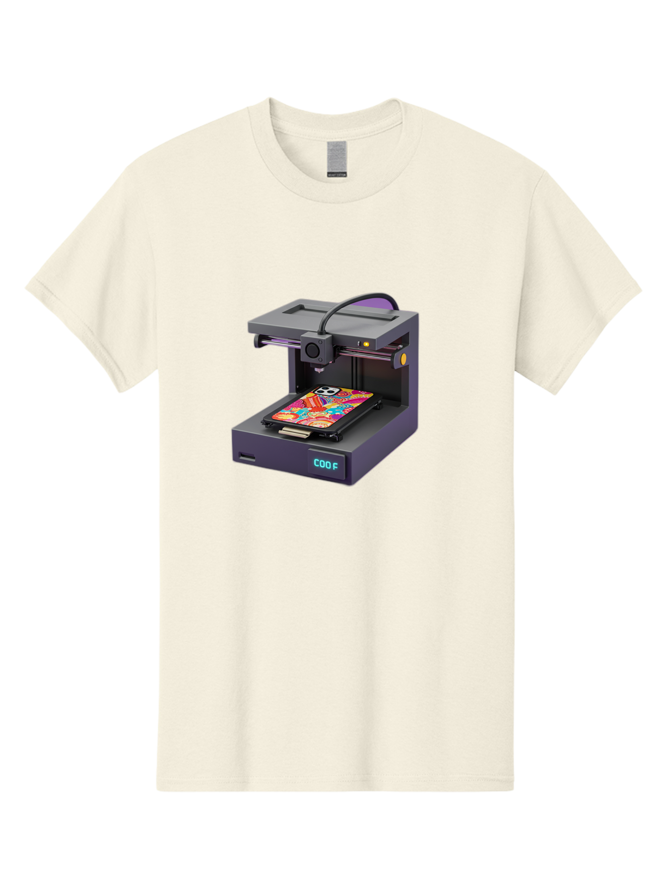3D-Printer-With-Phone-Case Men'S Graphic Tee, 100% Cotton, Comfortable Casual Summer Wear, Machine Washable, 3D Printing Technology, Vibrant Phone Case, Colorful Design, Sugar Skull Art, Creative Printing, Modern Machinery, Baa050