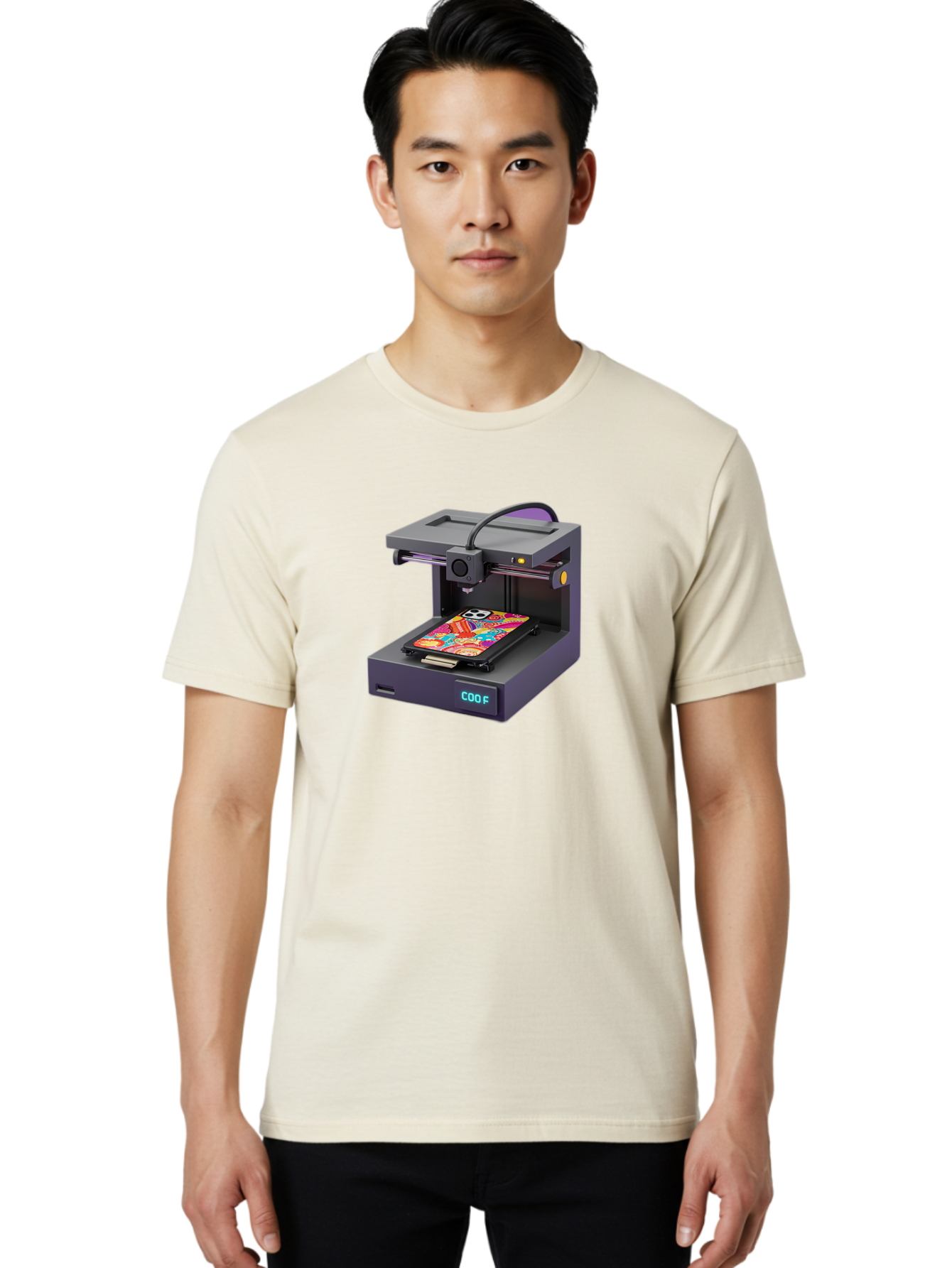 3D-Printer-With-Phone-Case Men'S Graphic Tee, 100% Cotton, Comfortable Casual Summer Wear, Machine Washable, 3D Printing Technology, Vibrant Phone Case, Colorful Design, Sugar Skull Art, Creative Printing, Modern Machinery, Baa050